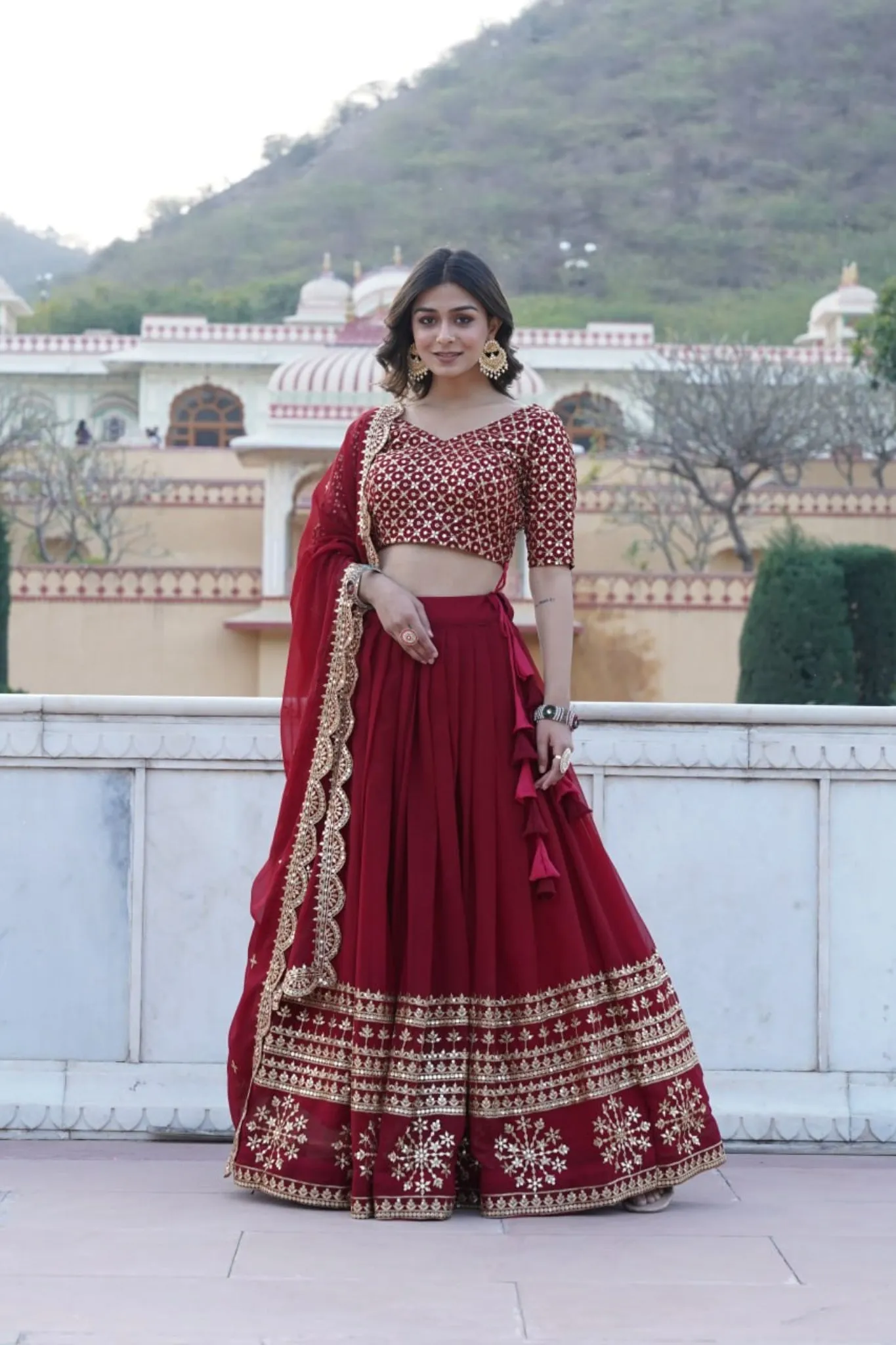 Georgette Flared Lehenga Choli With Sequins And Embroidered Work