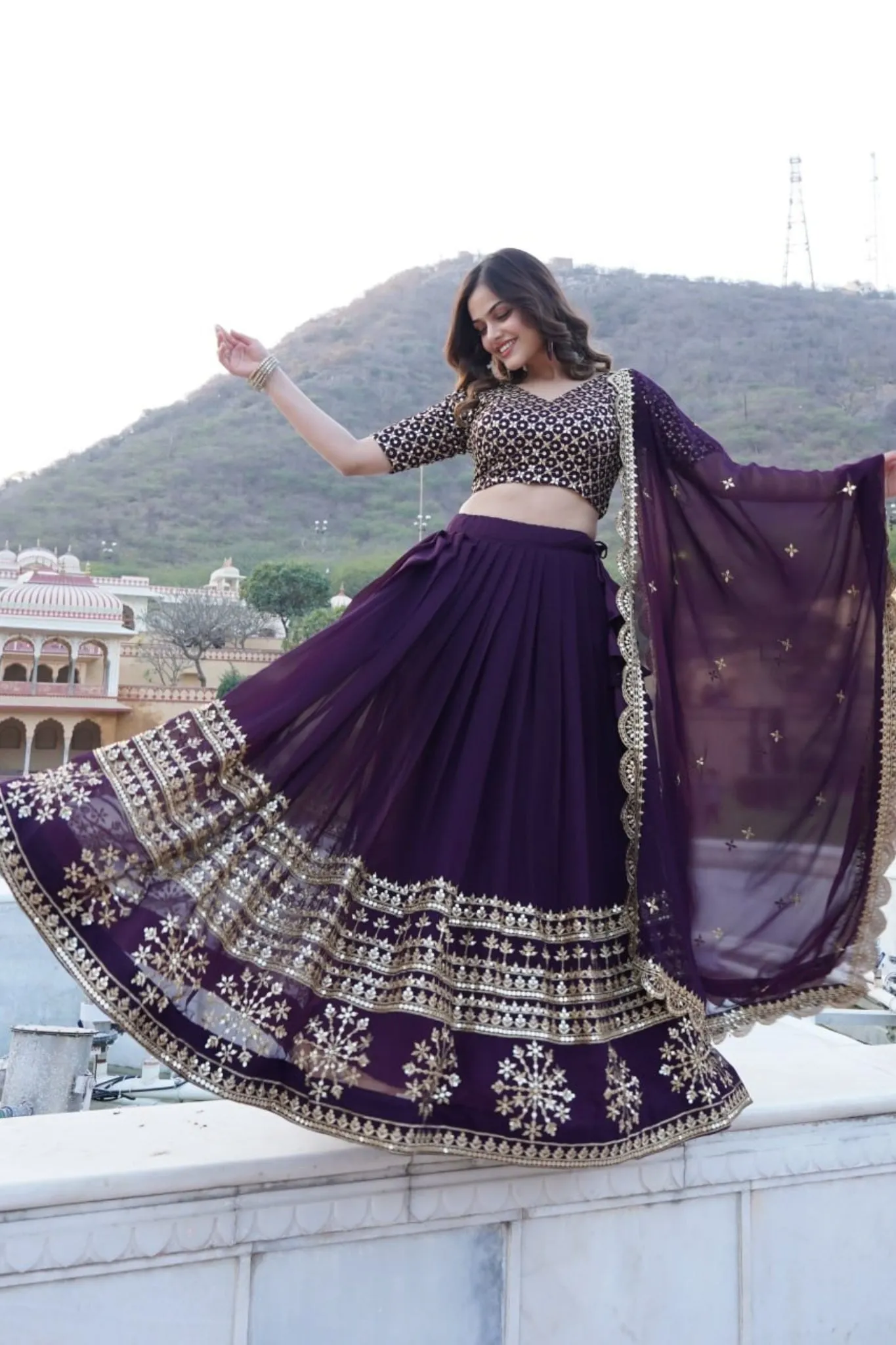 Georgette Flared Lehenga Choli With Sequins And Embroidered Work