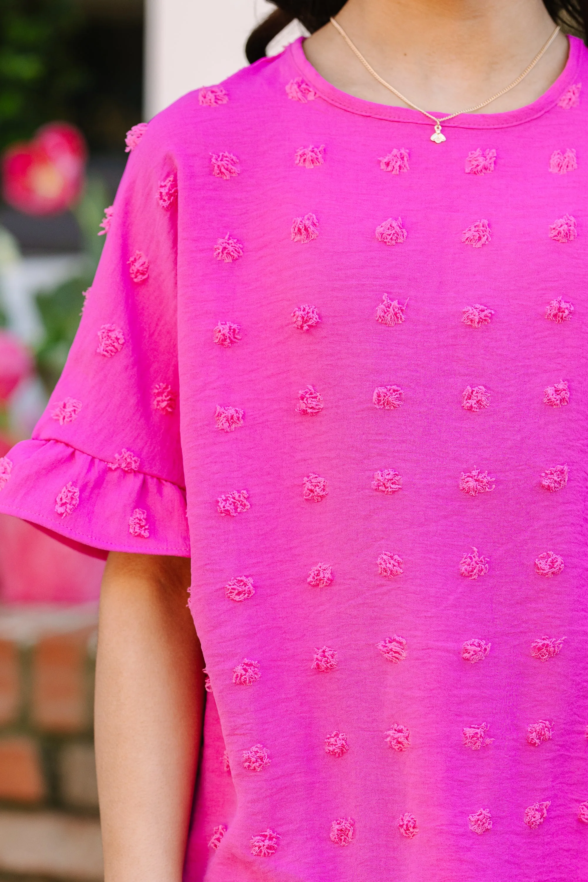 Girls: All I Ask Fuchsia Pink Swiss Dot Ruffled Top