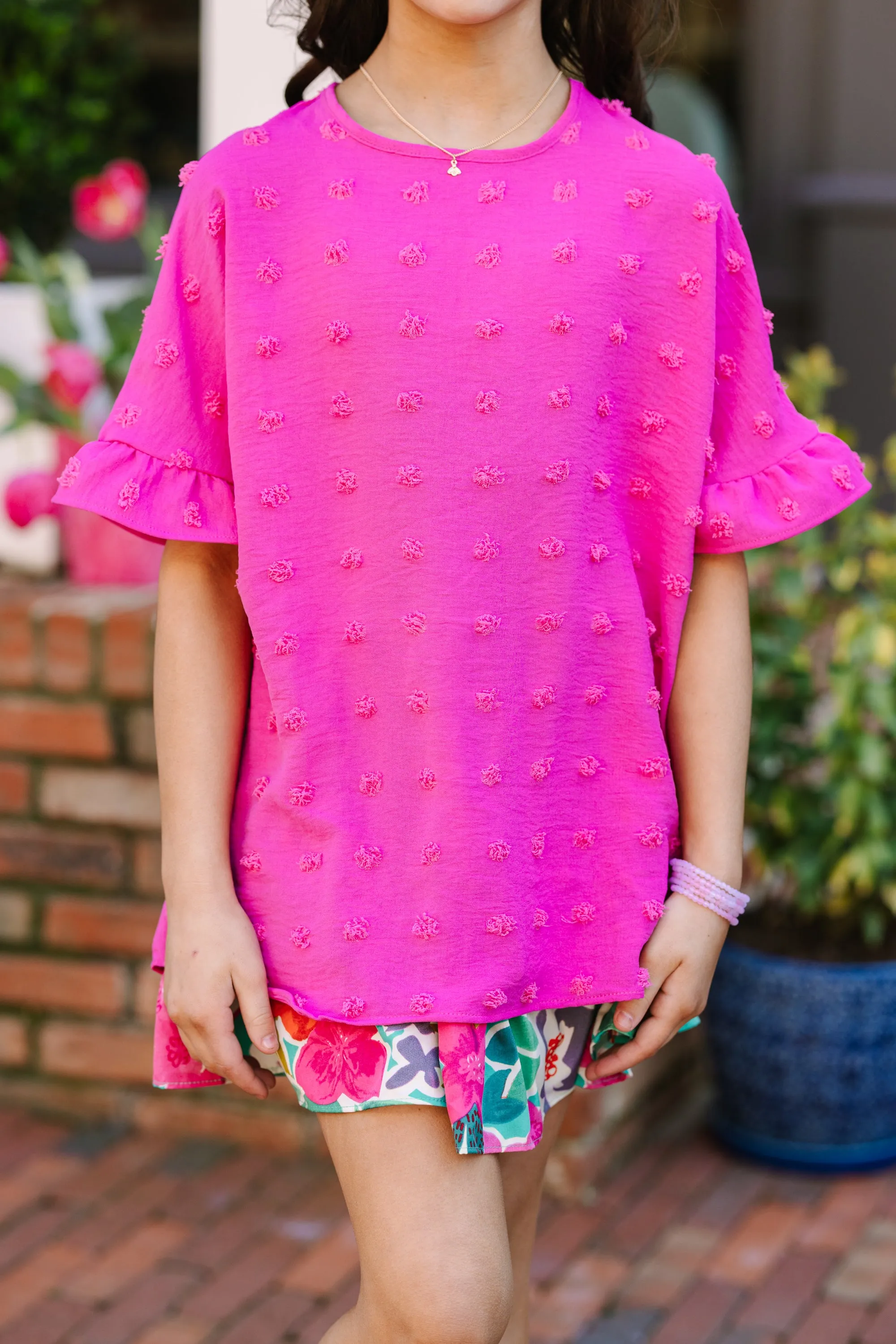 Girls: All I Ask Fuchsia Pink Swiss Dot Ruffled Top