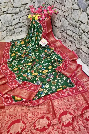 Green and Red Color Kalamkari Print Dola Silk Saree with Zari Border