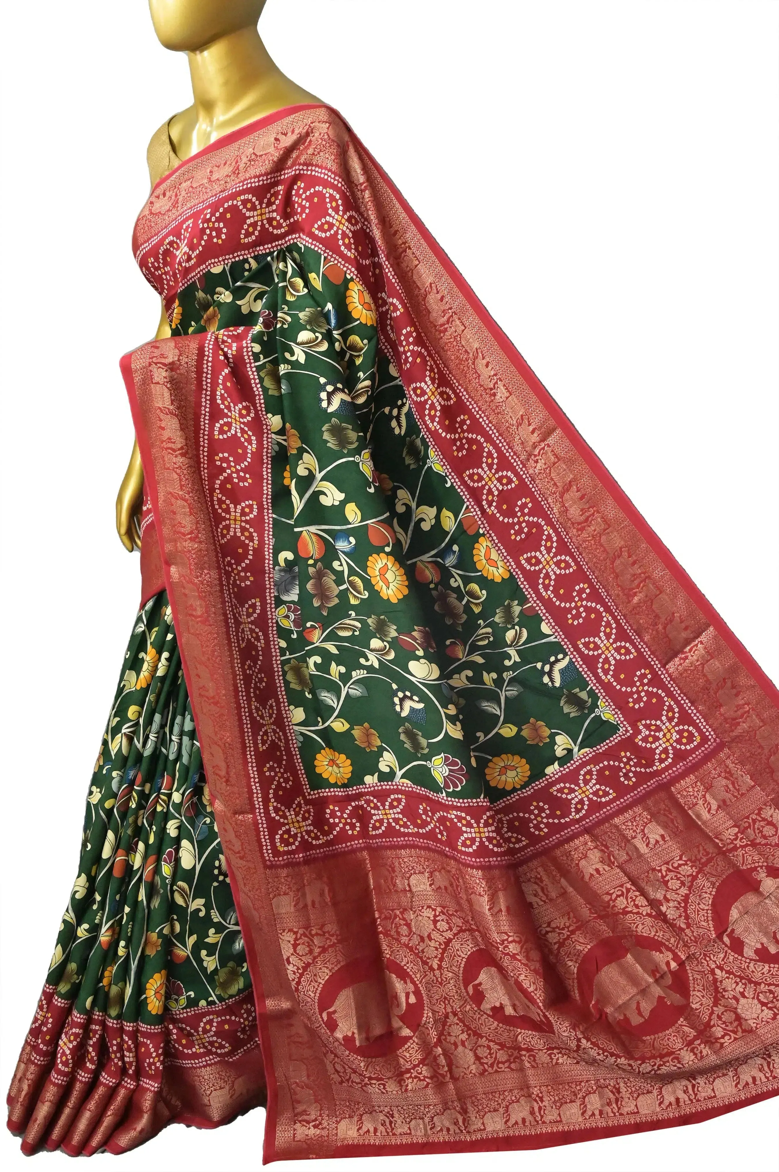 Green and Red Color Kalamkari Print Dola Silk Saree with Zari Border