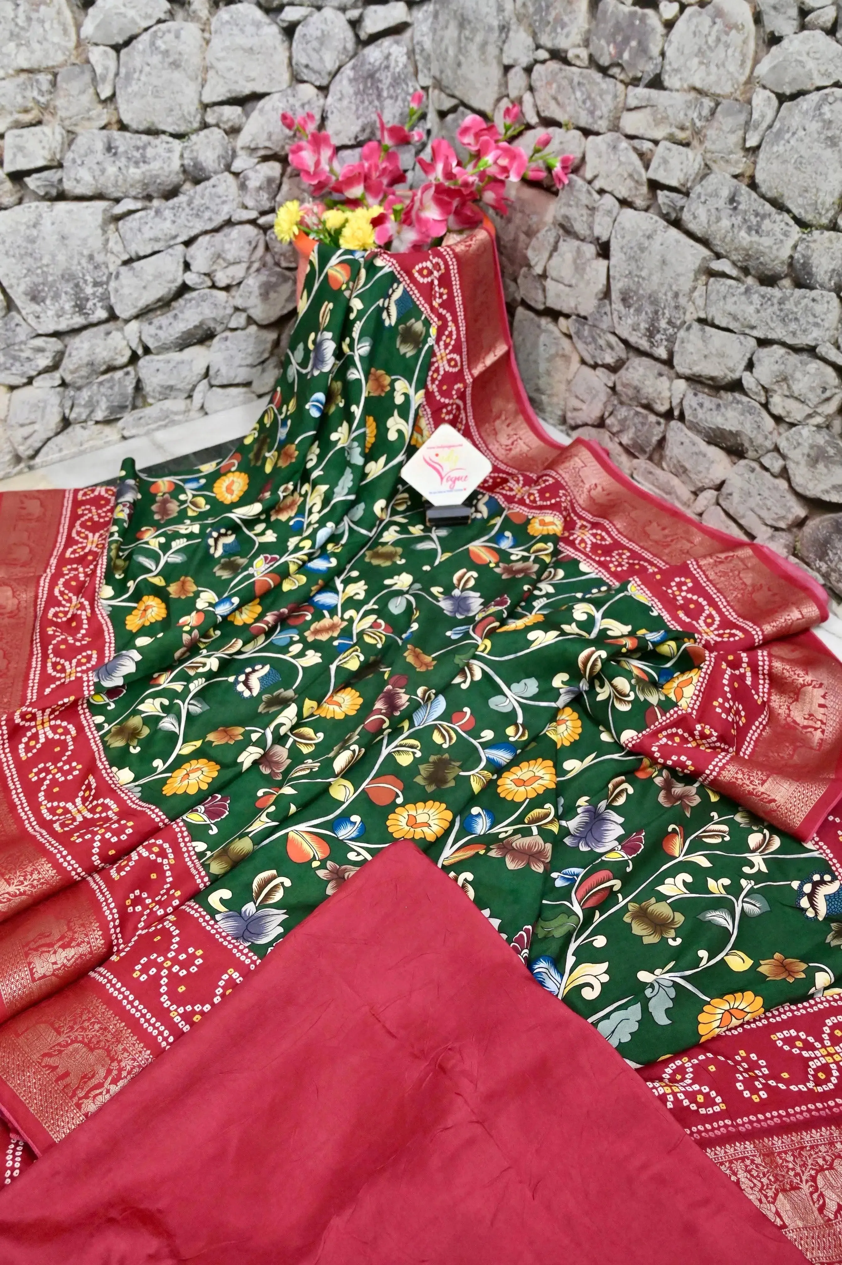 Green and Red Color Kalamkari Print Dola Silk Saree with Zari Border