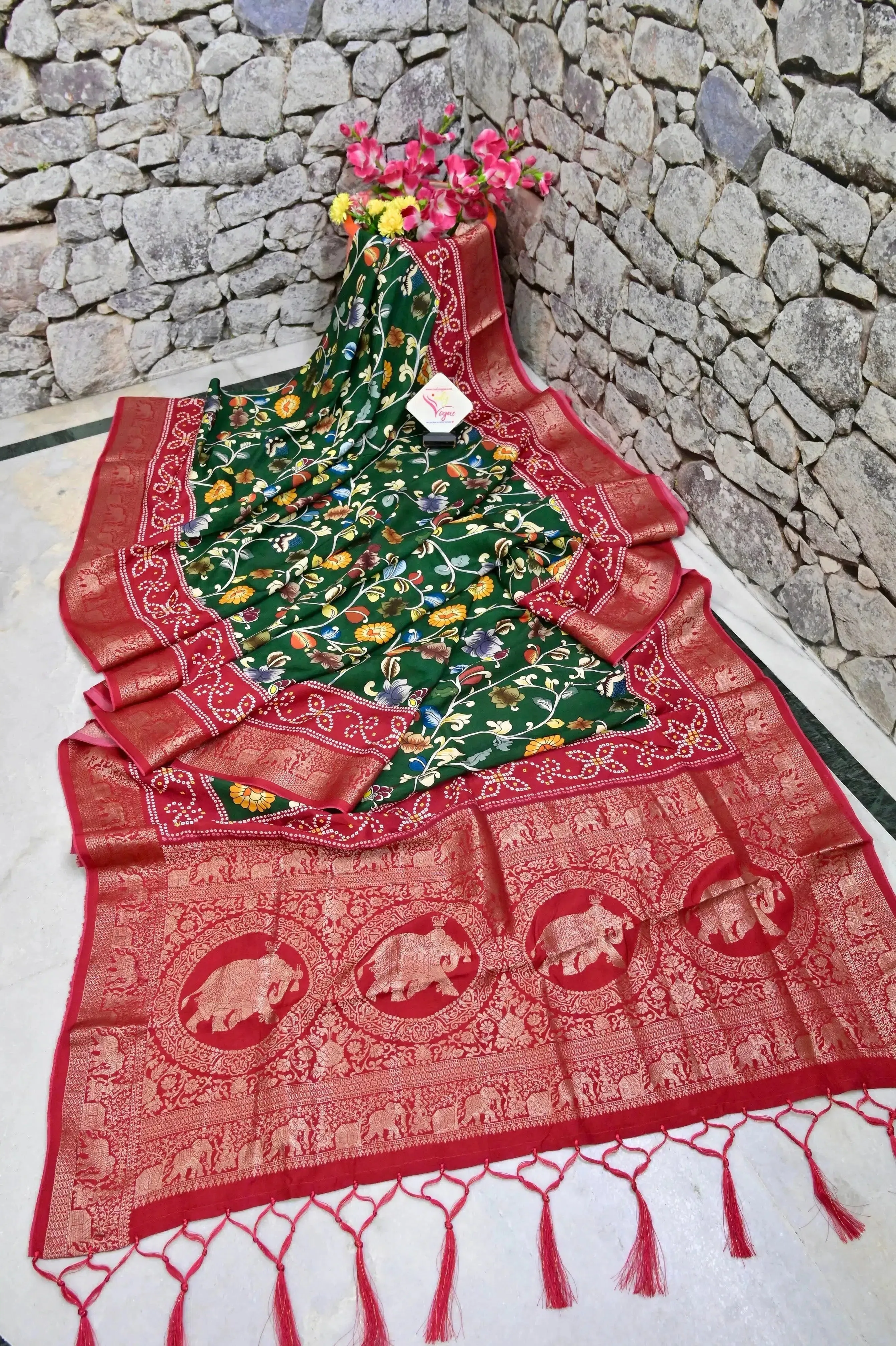 Green and Red Color Kalamkari Print Dola Silk Saree with Zari Border