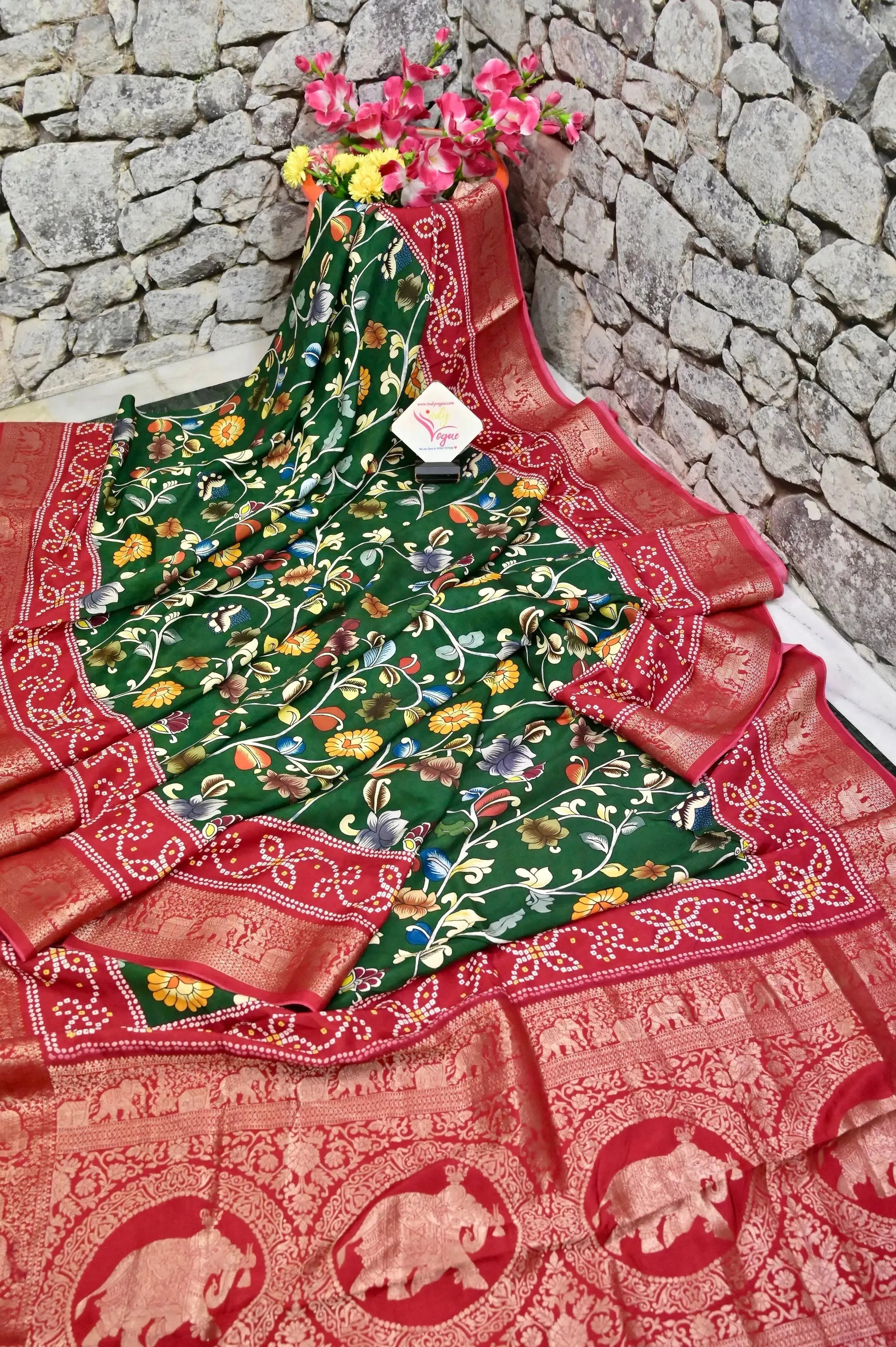 Green and Red Color Kalamkari Print Dola Silk Saree with Zari Border