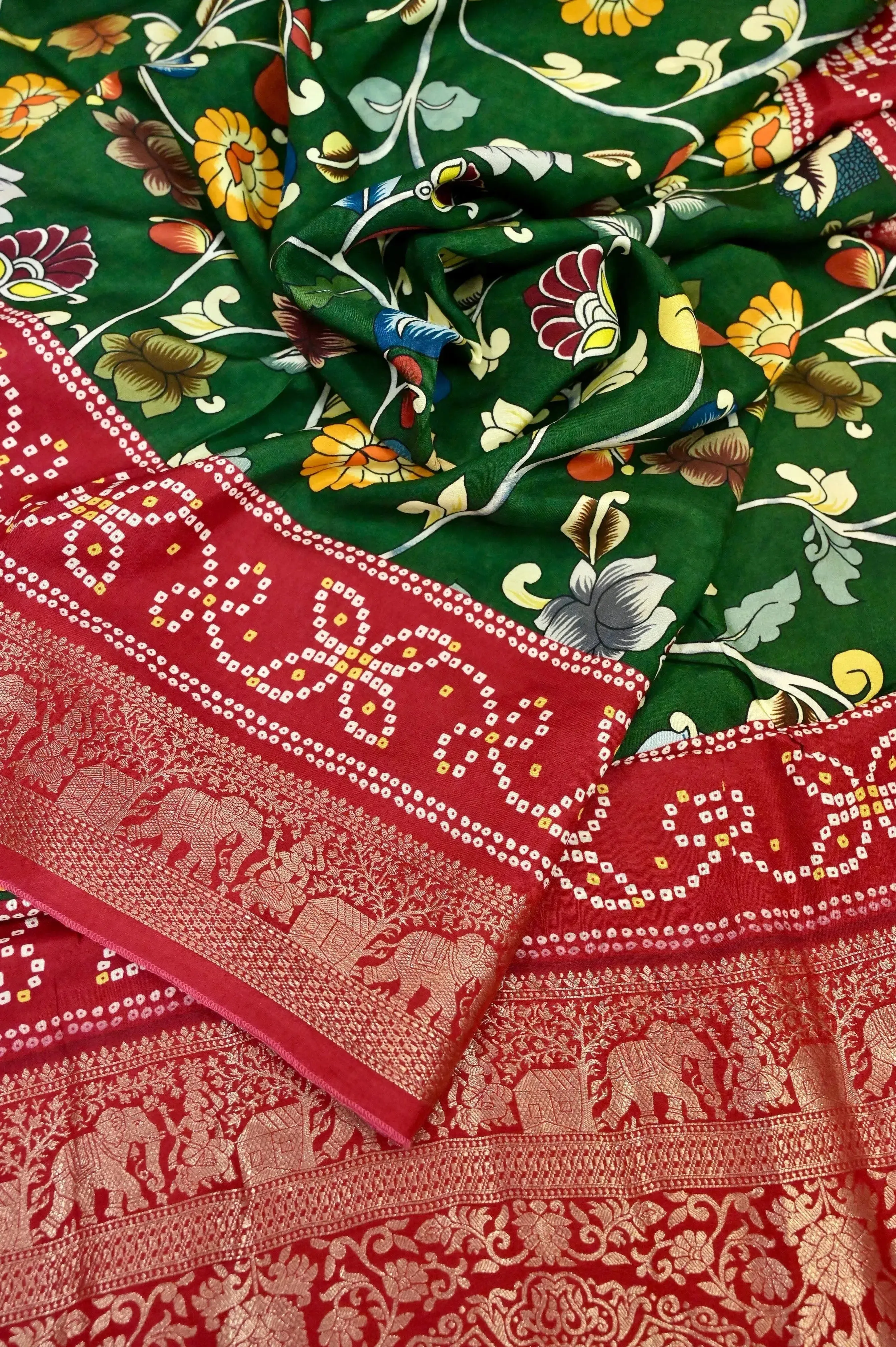 Green and Red Color Kalamkari Print Dola Silk Saree with Zari Border