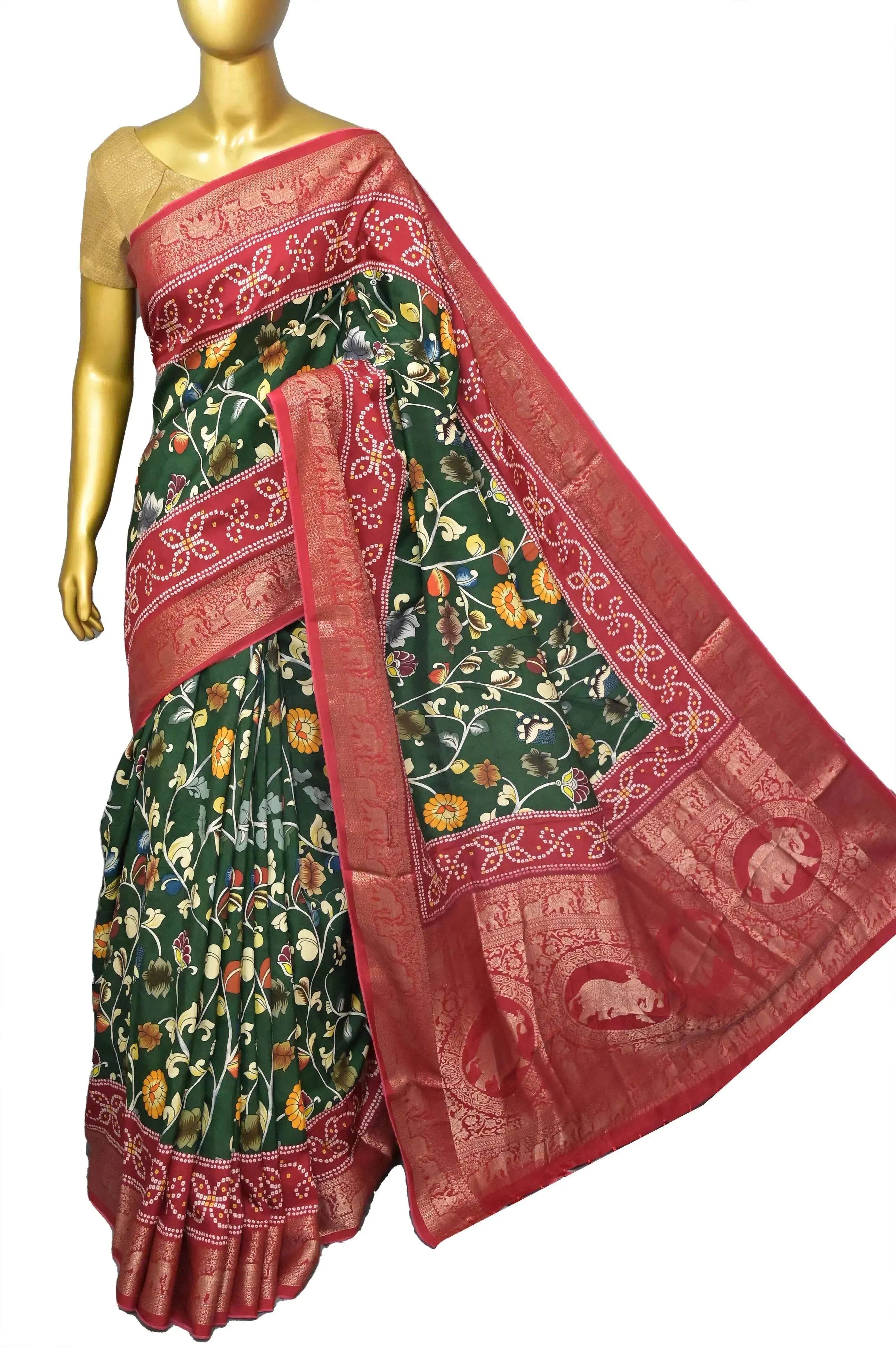 Green and Red Color Kalamkari Print Dola Silk Saree with Zari Border