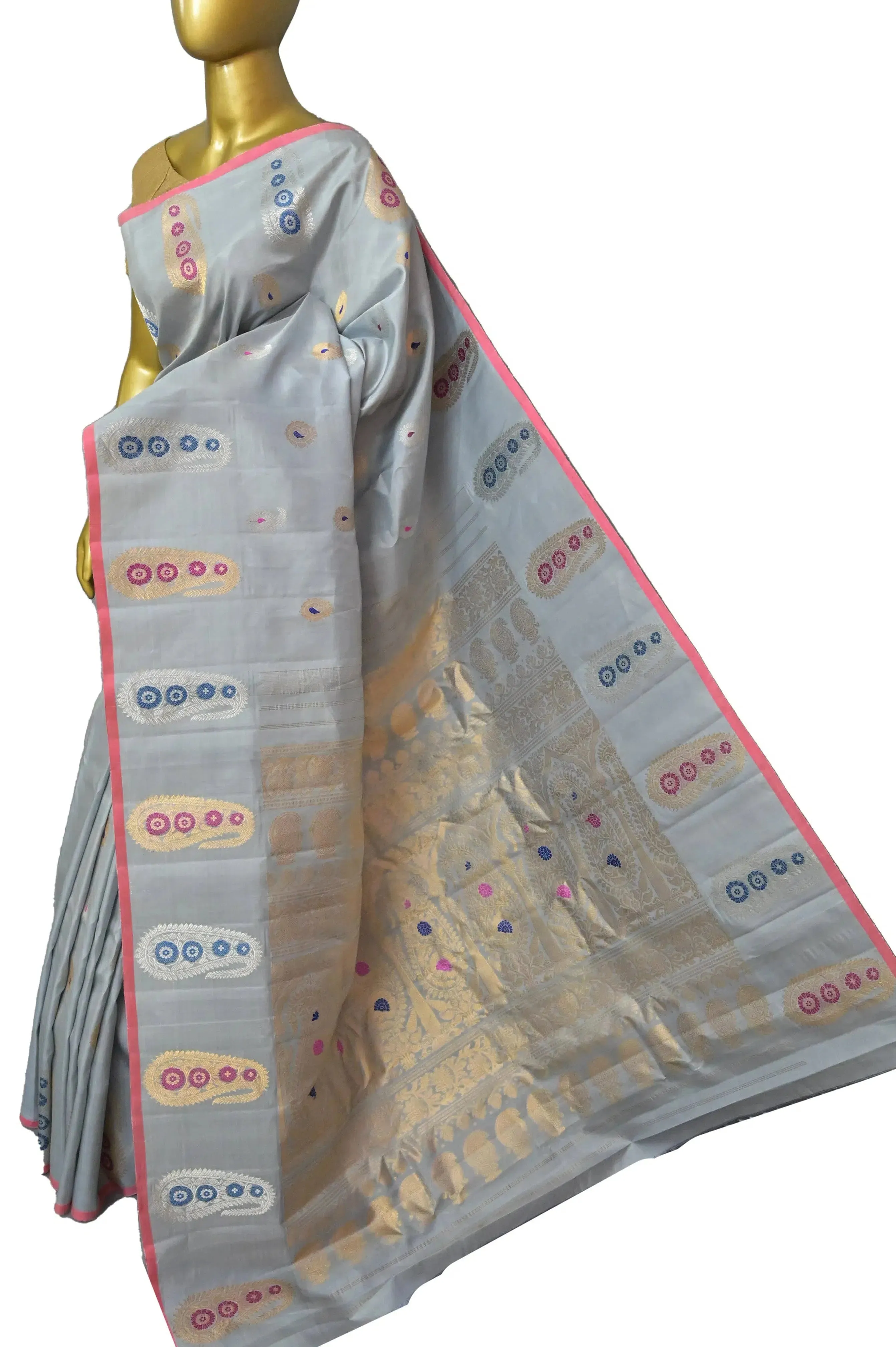 Greyish Blue Color Pure Gadwal Silk Saree with Golden and Silver Meenakari Butta