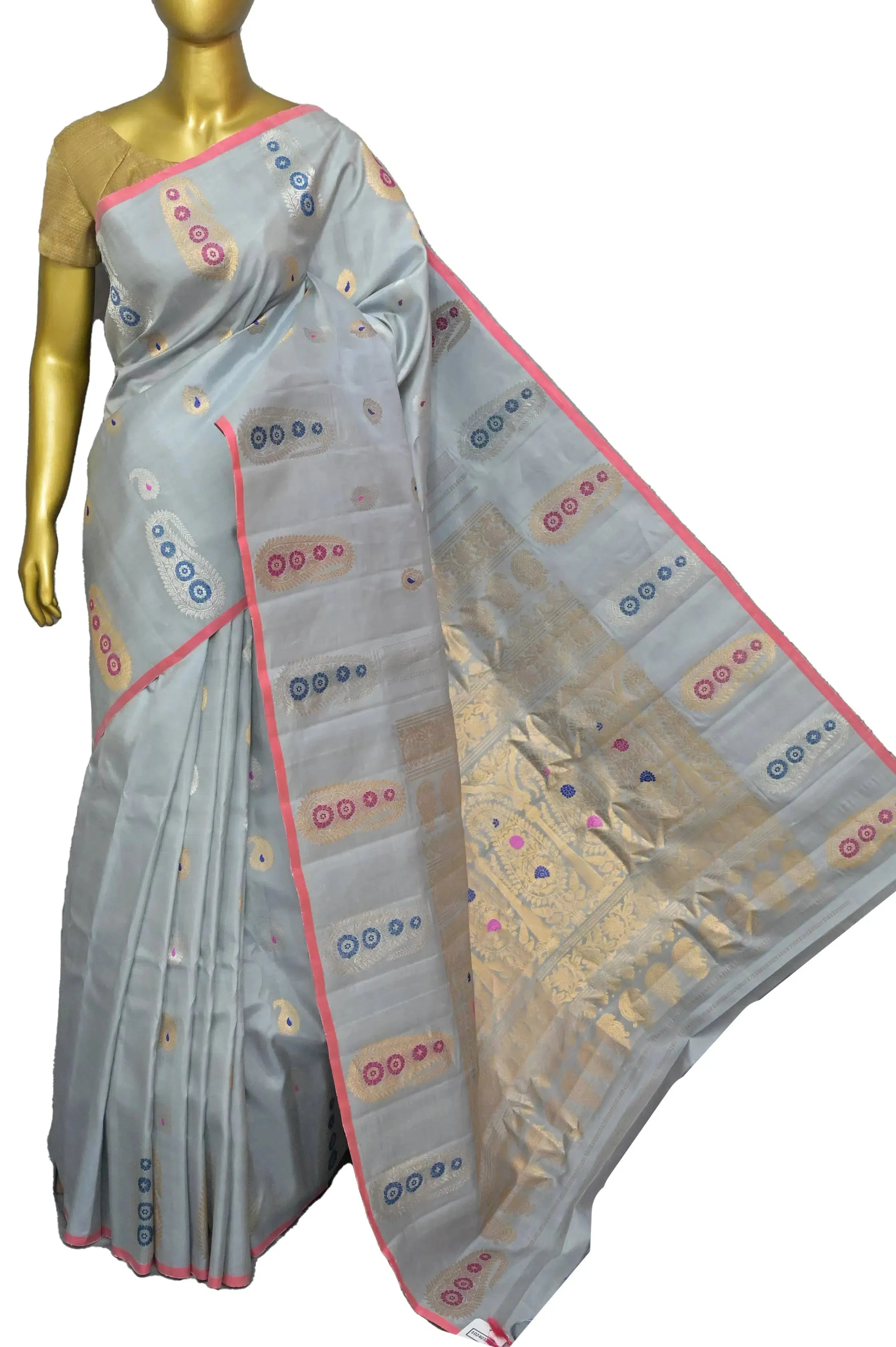 Greyish Blue Color Pure Gadwal Silk Saree with Golden and Silver Meenakari Butta