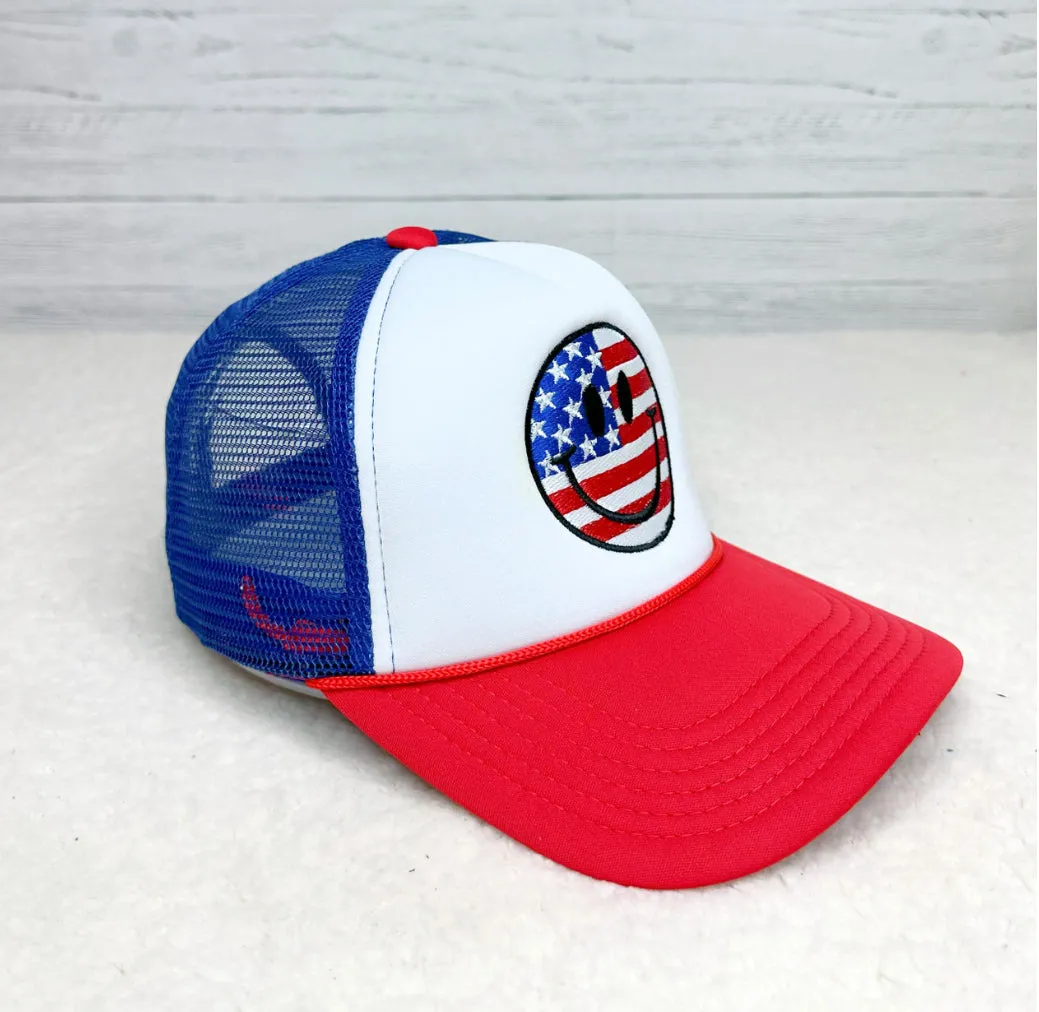 Happy Face American Flag Embroidered Trucker Hat