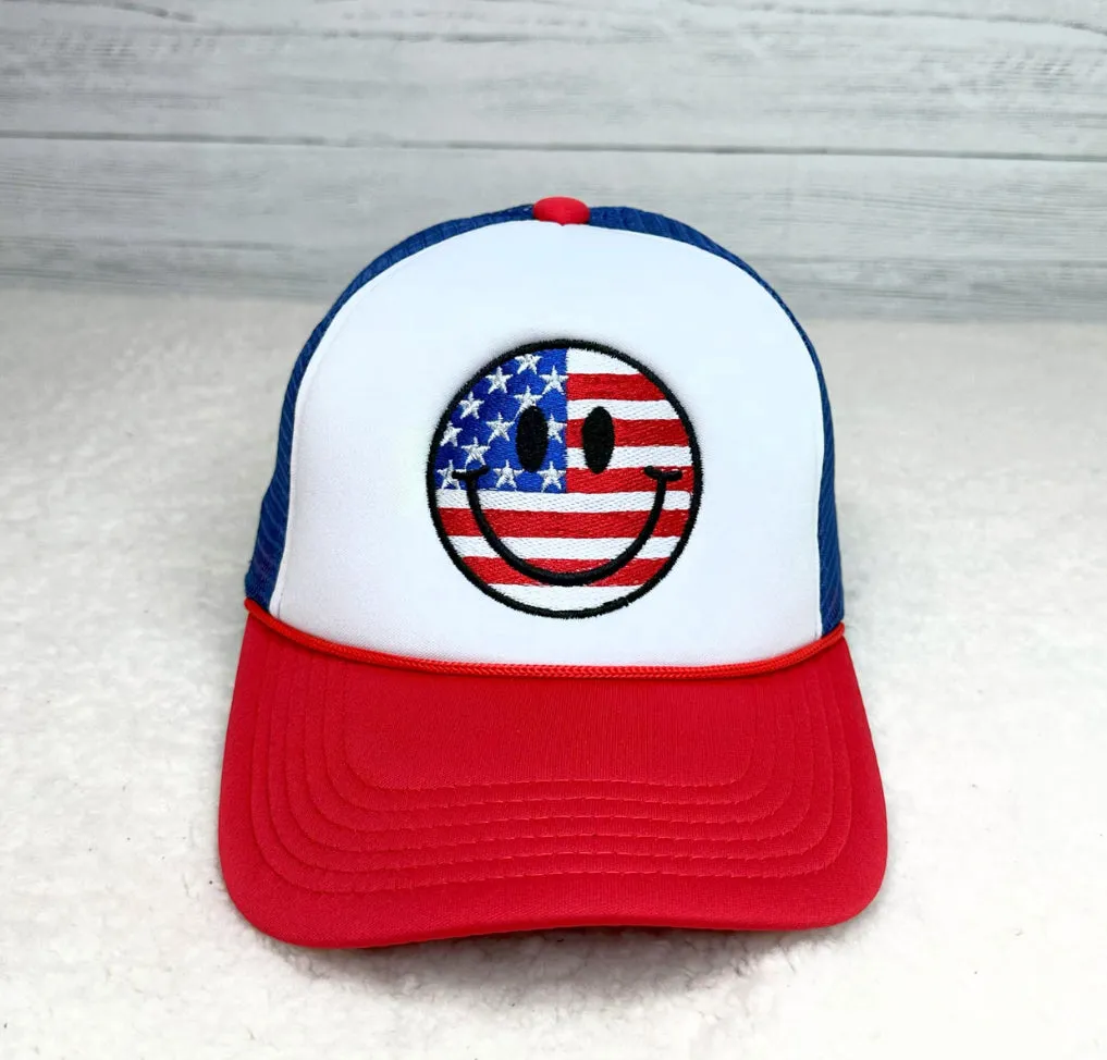 Happy Face American Flag Embroidered Trucker Hat