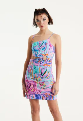 House Of Holland Heart Printed Jersey Mini Dress With Cut Out Details in Pink