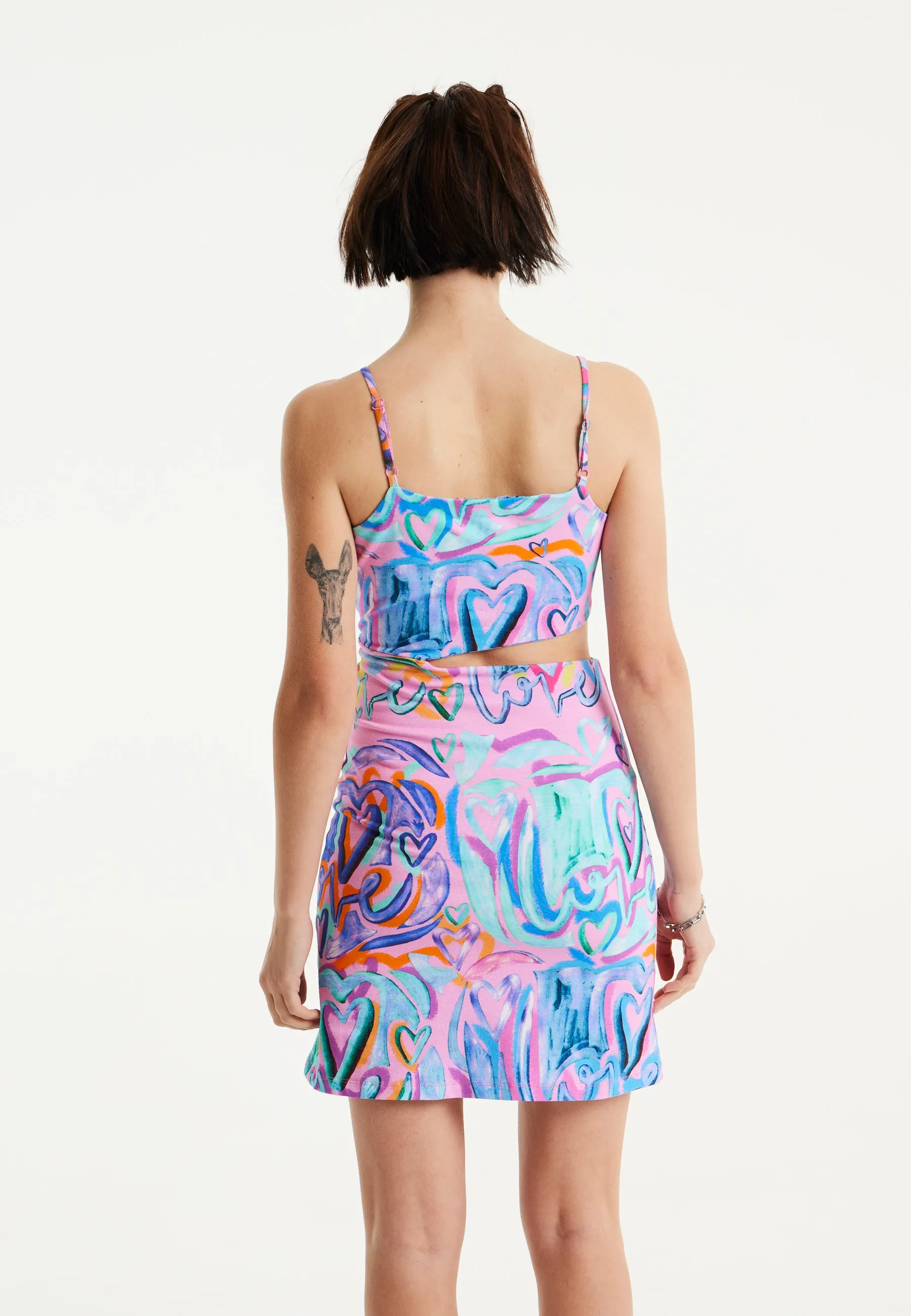 House Of Holland Heart Printed Jersey Mini Dress With Cut Out Details in Pink