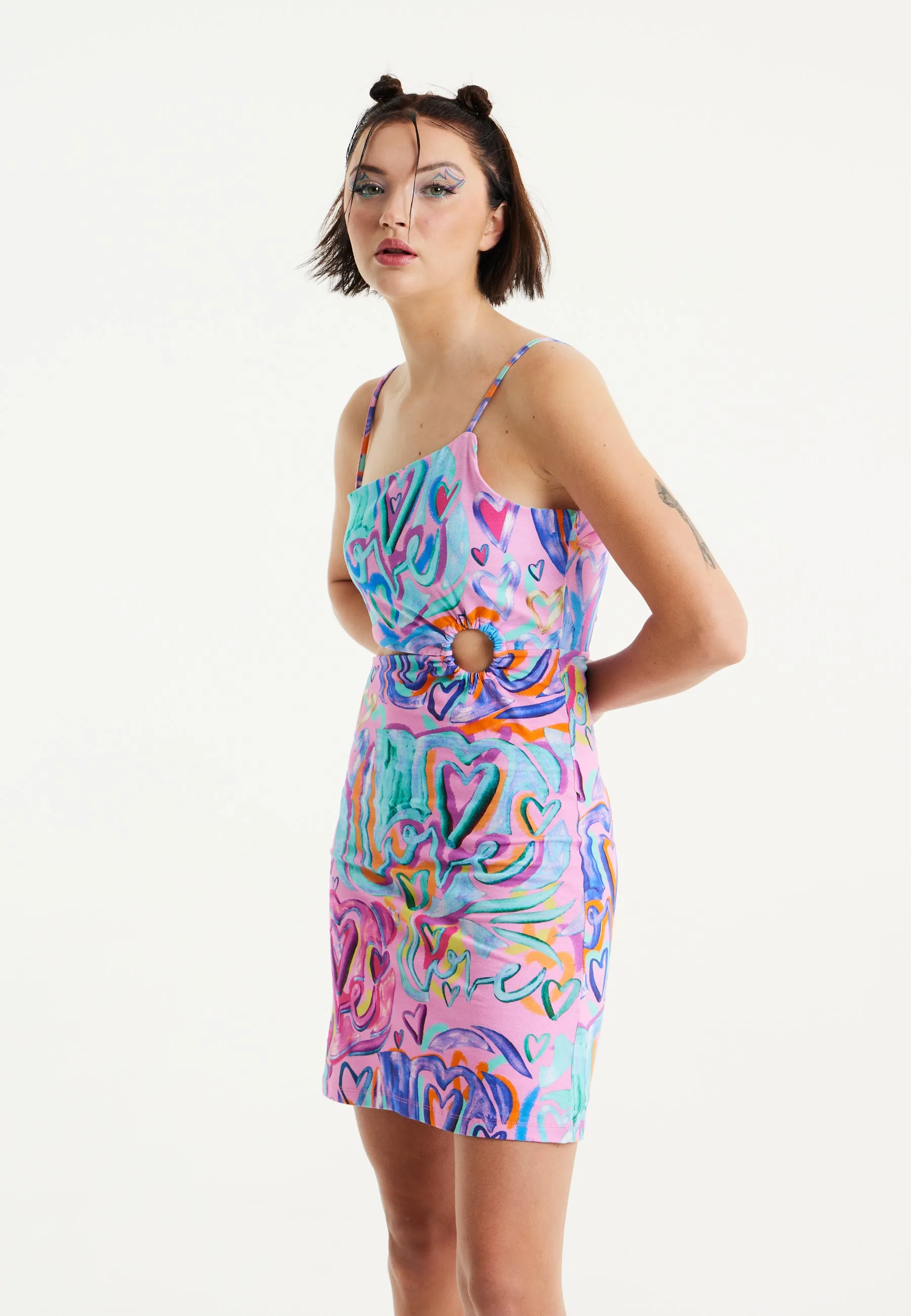 House Of Holland Heart Printed Jersey Mini Dress With Cut Out Details in Pink