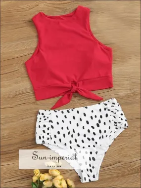 Knot front top with Dot High Waist Bikini Set