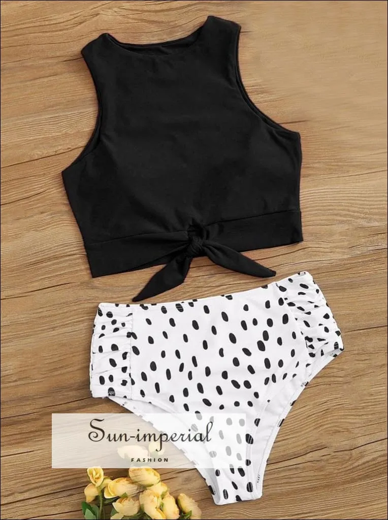 Knot front top with Dot High Waist Bikini Set