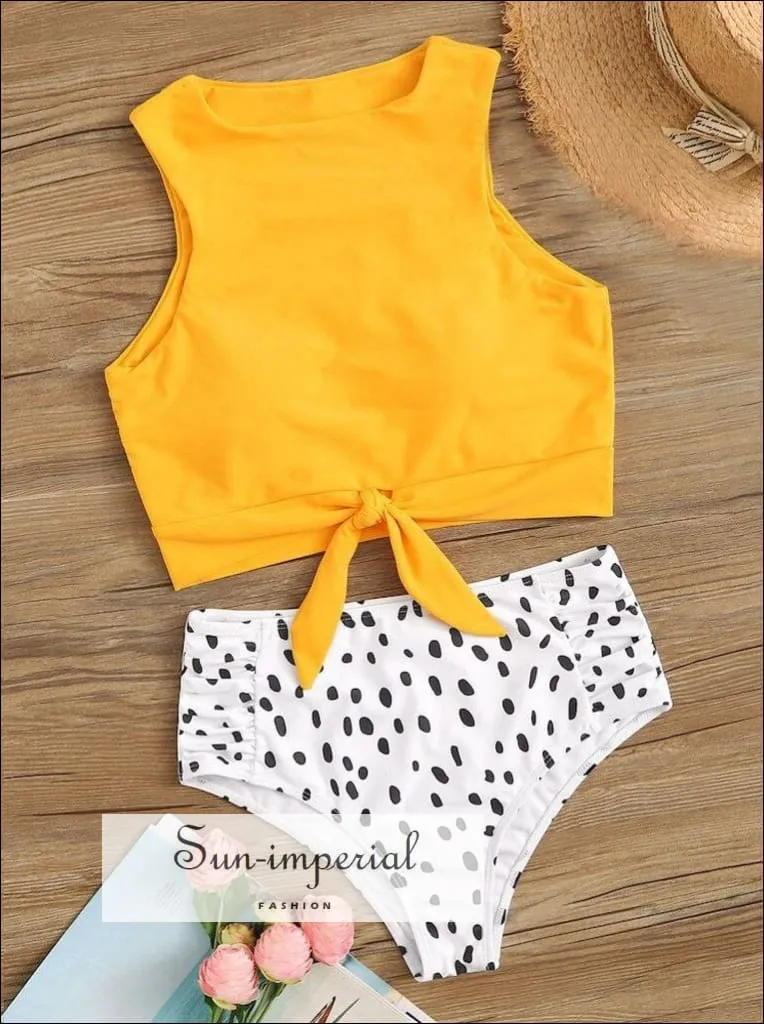 Knot front top with Dot High Waist Bikini Set