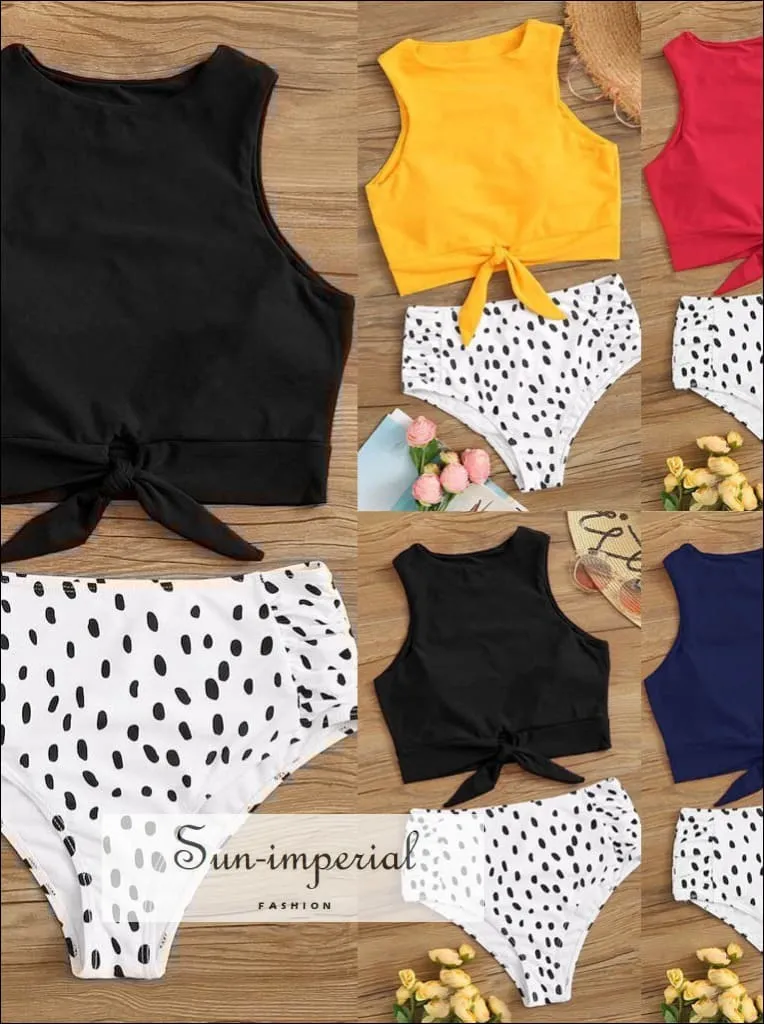 Knot front top with Dot High Waist Bikini Set