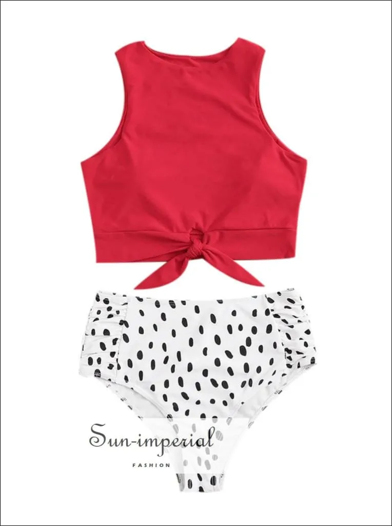 Knot front top with Dot High Waist Bikini Set