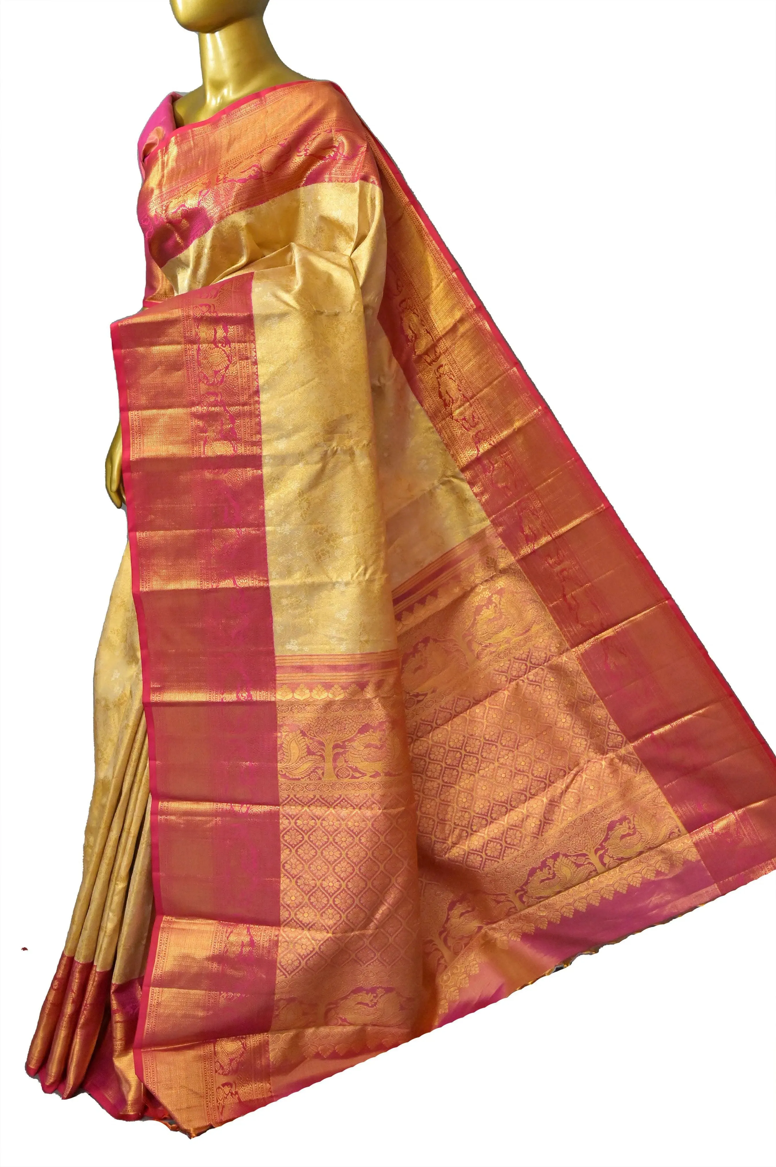 Light Golden Color Pure Kanjeevaram Silk Saree with Allover Pure Gold Zari Self-Weaving