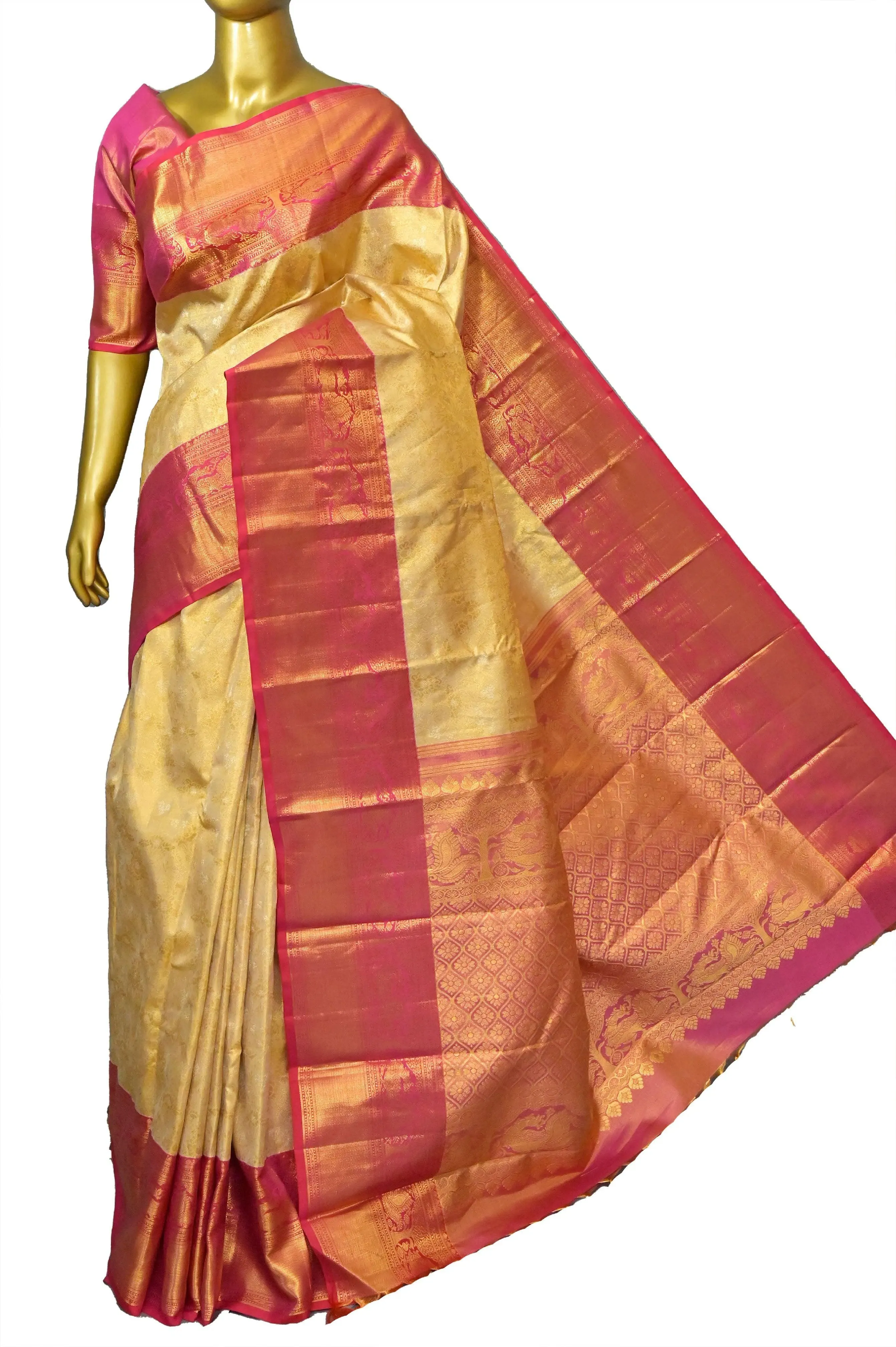 Light Golden Color Pure Kanjeevaram Silk Saree with Allover Pure Gold Zari Self-Weaving