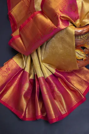 Light Golden Color Pure Kanjeevaram Silk Saree with Allover Pure Gold Zari Self-Weaving