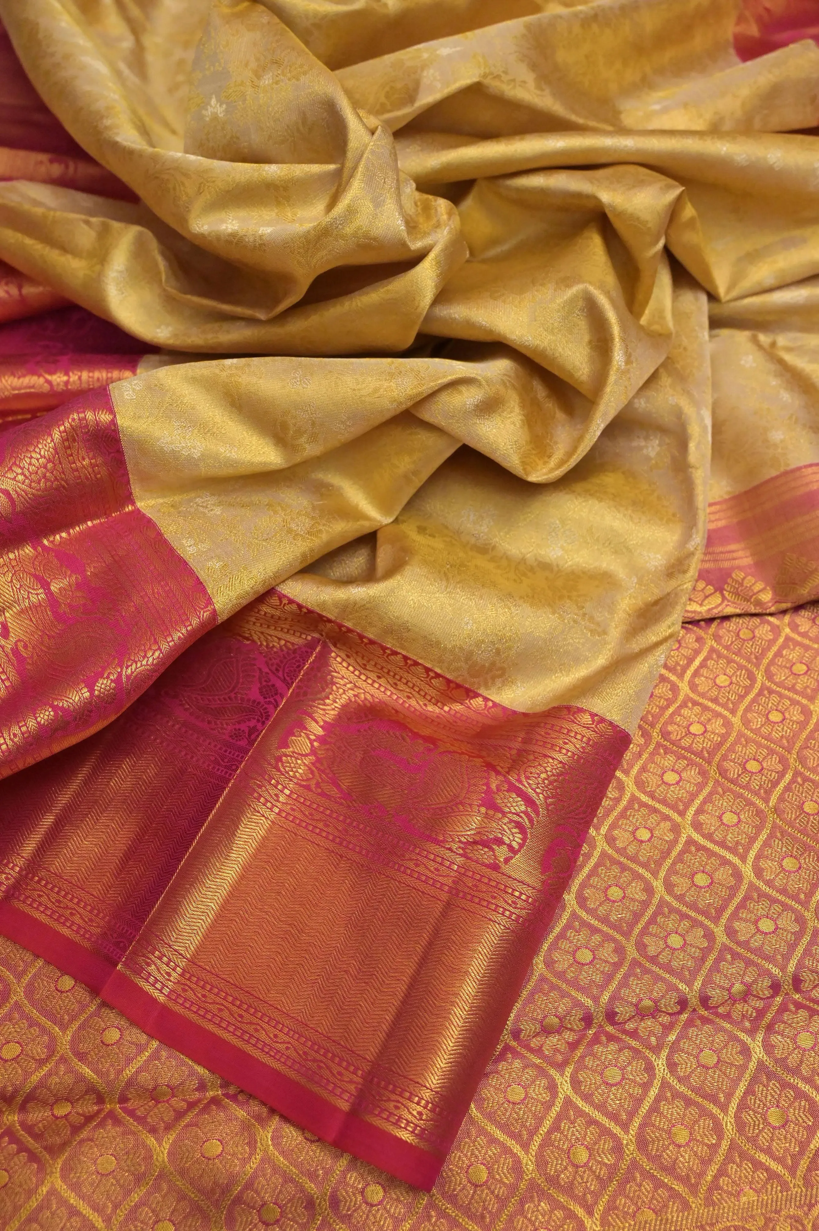 Light Golden Color Pure Kanjeevaram Silk Saree with Allover Pure Gold Zari Self-Weaving