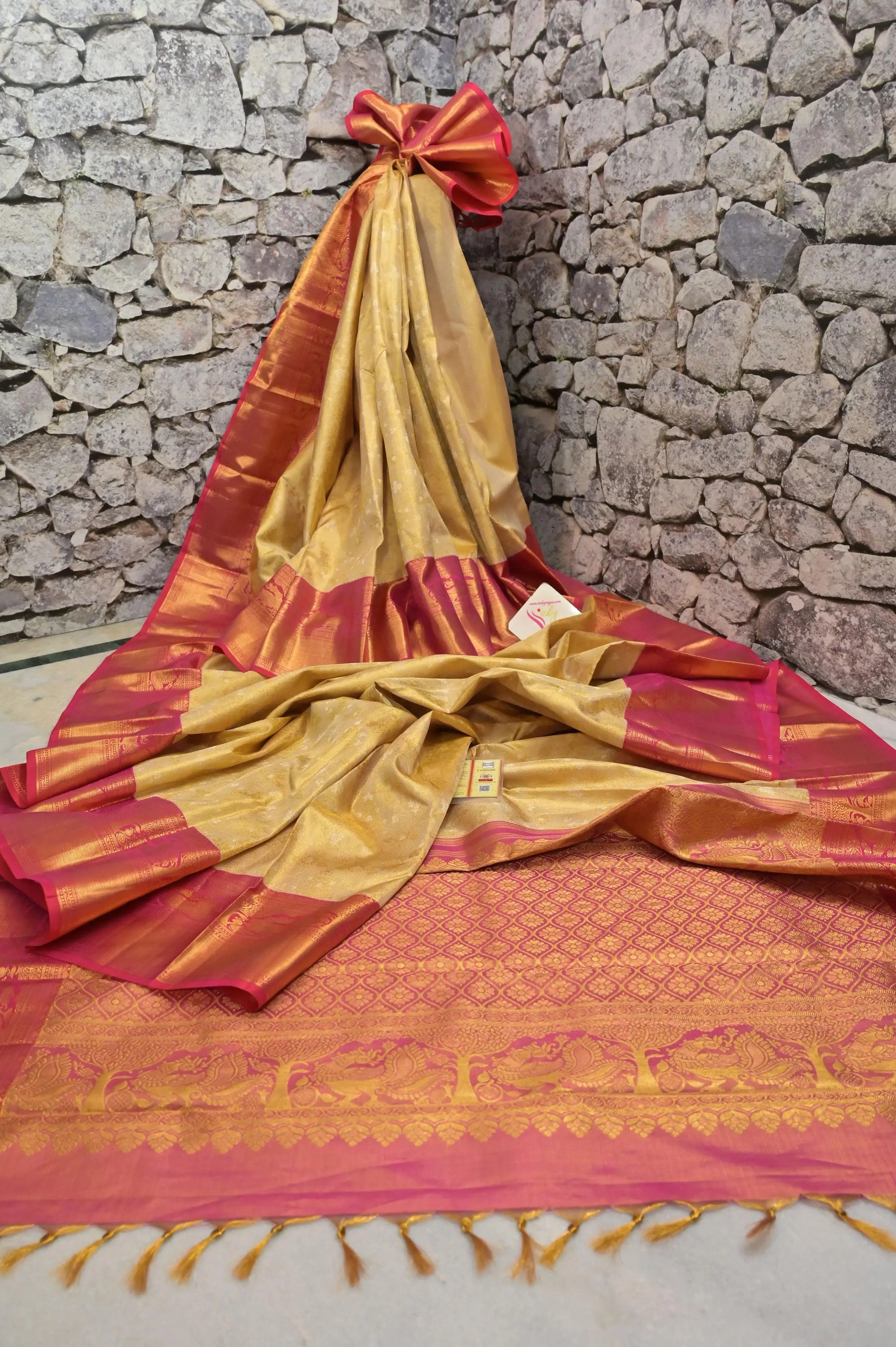 Light Golden Color Pure Kanjeevaram Silk Saree with Allover Pure Gold Zari Self-Weaving