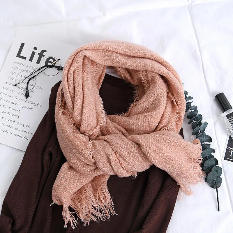 Men Women Winter Cashmere-Like Starry Dots Fringe Whisker Knit Couples Scarf Trend Solid Color Shawl