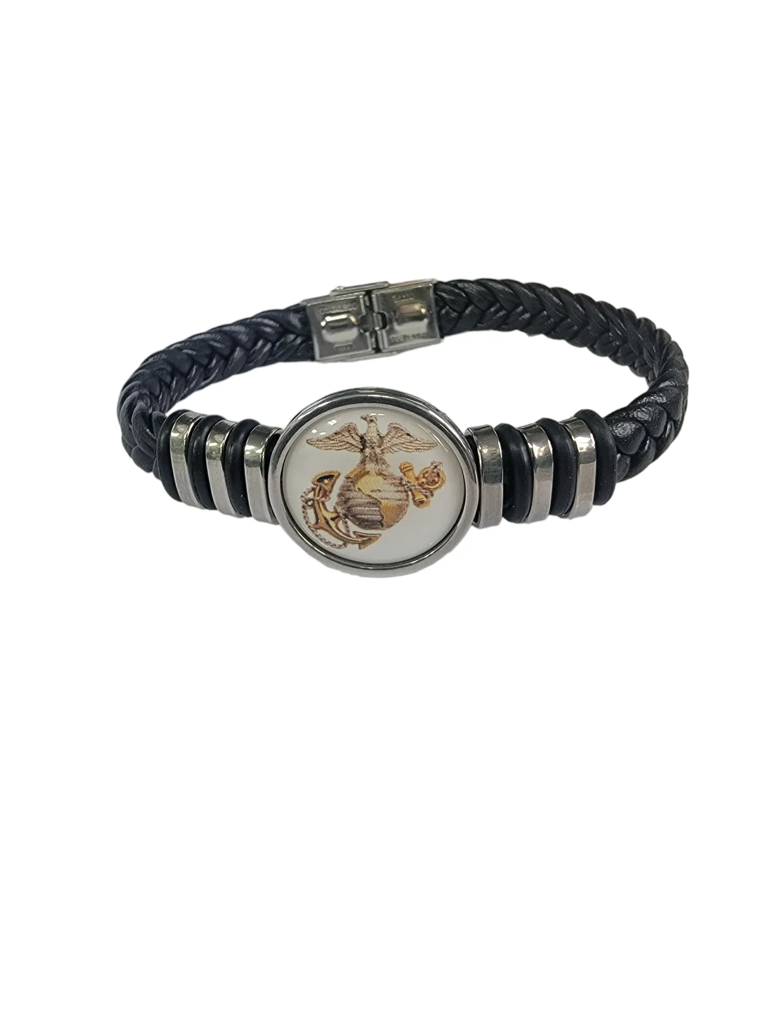 Officially Licensed Marine Corps Black Braided Leather Bracelet with Stainless Steel Accents | Choose from Eagle Globe Anchor or Marine Seal Symbol