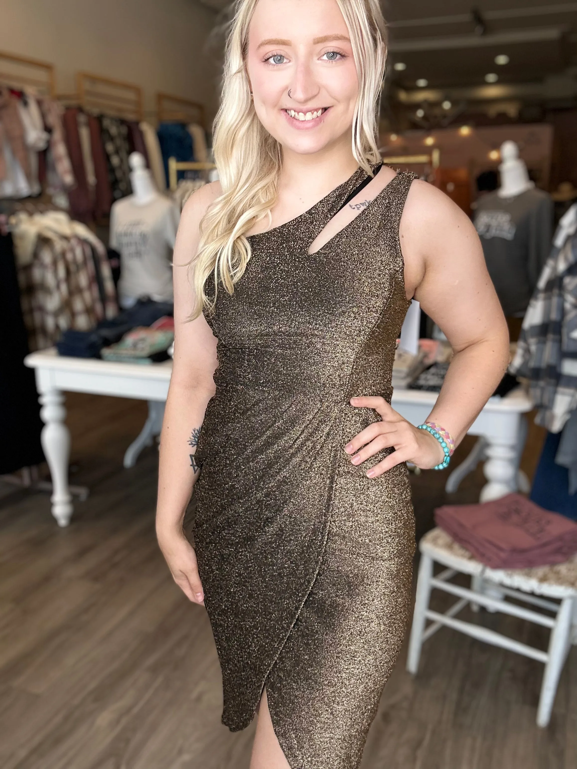 One Shoulder Black Gold Wrap Dress