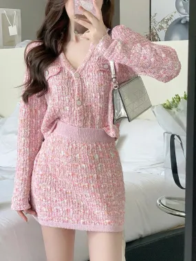 Pink Knitted Cardigan And Skirt Set