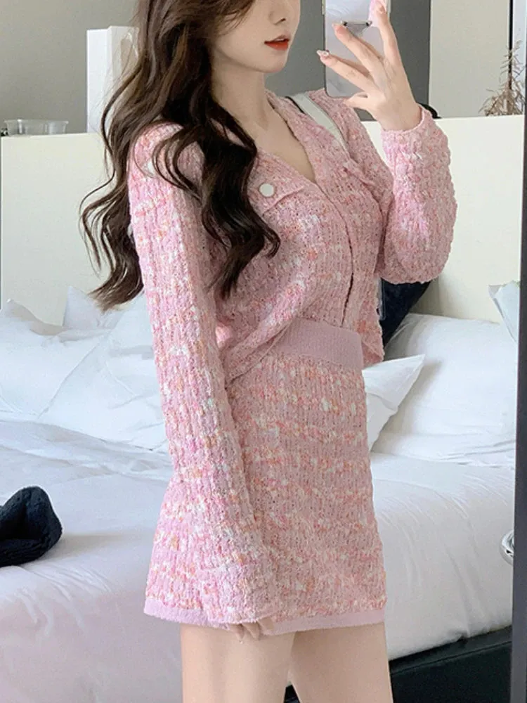 Pink Knitted Cardigan And Skirt Set