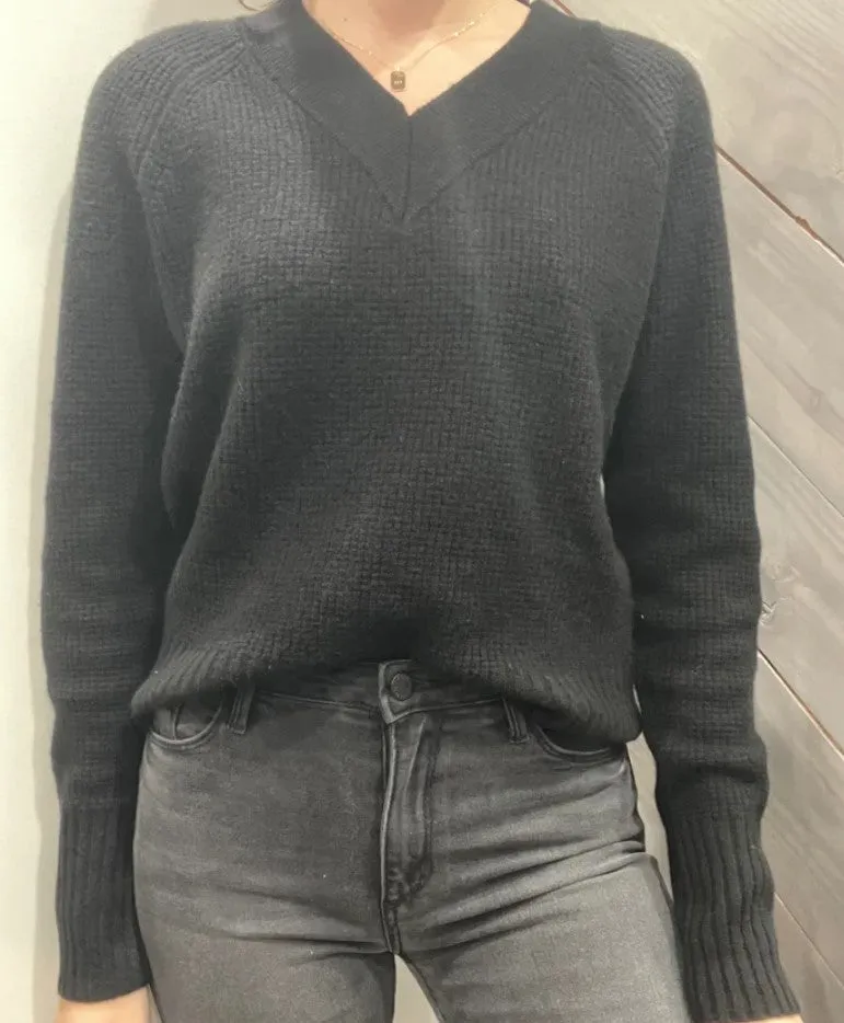 Pissenlit Black Cashmere V-Neck Waffle Knit