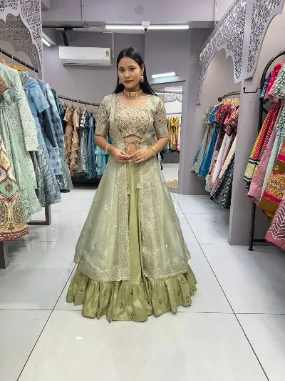 Pista Green Indo Western Joya Silk Lehenga with Shrug