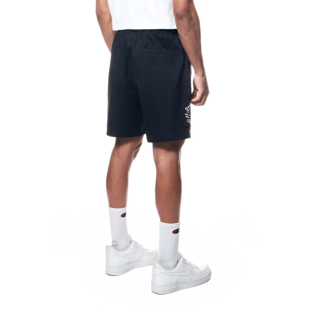 Printed Twill Workwear Shorts - Black