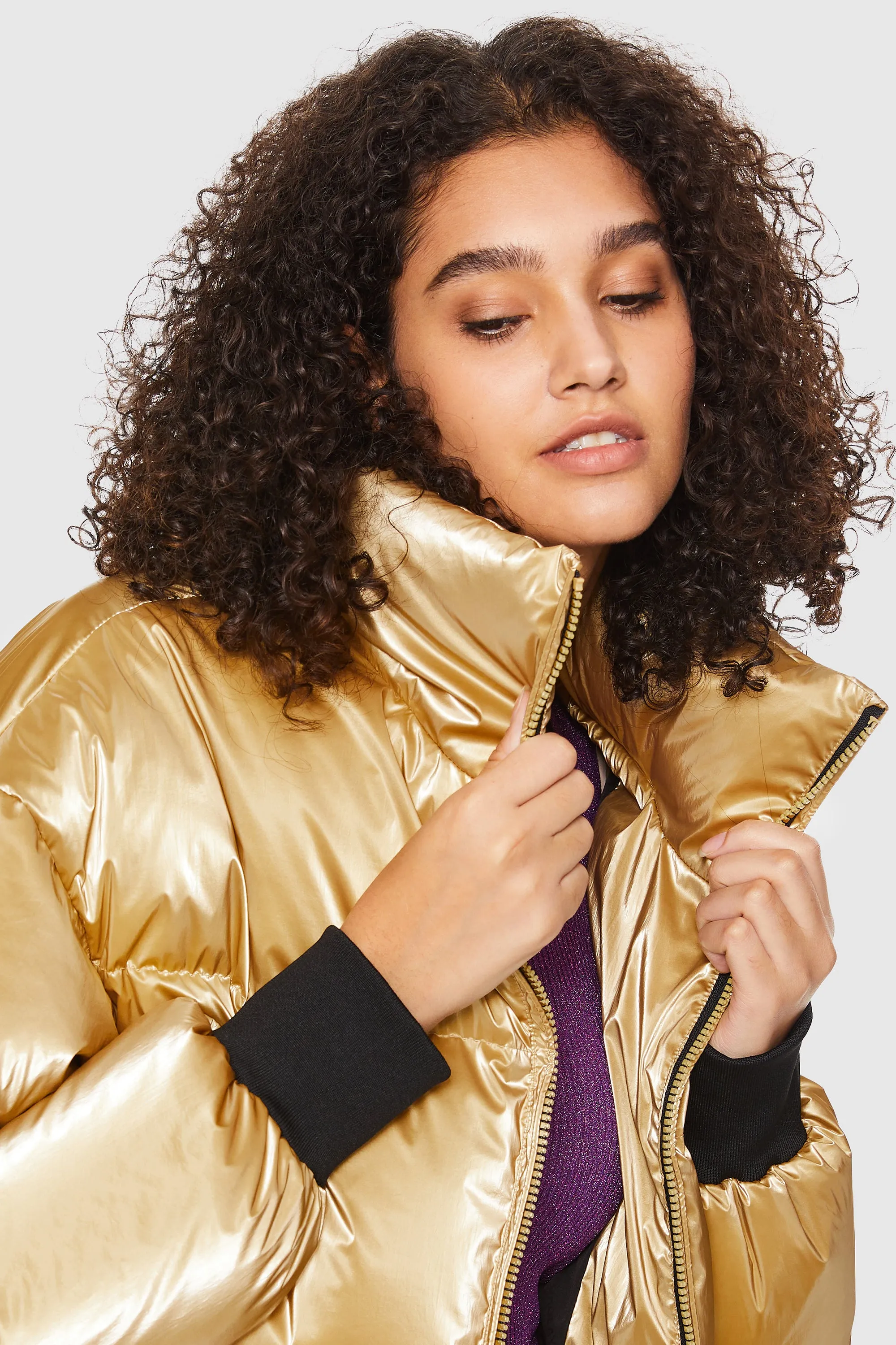 Puff-O Cosmos Metallic Shiny Cropped Winter Puffer Jacket