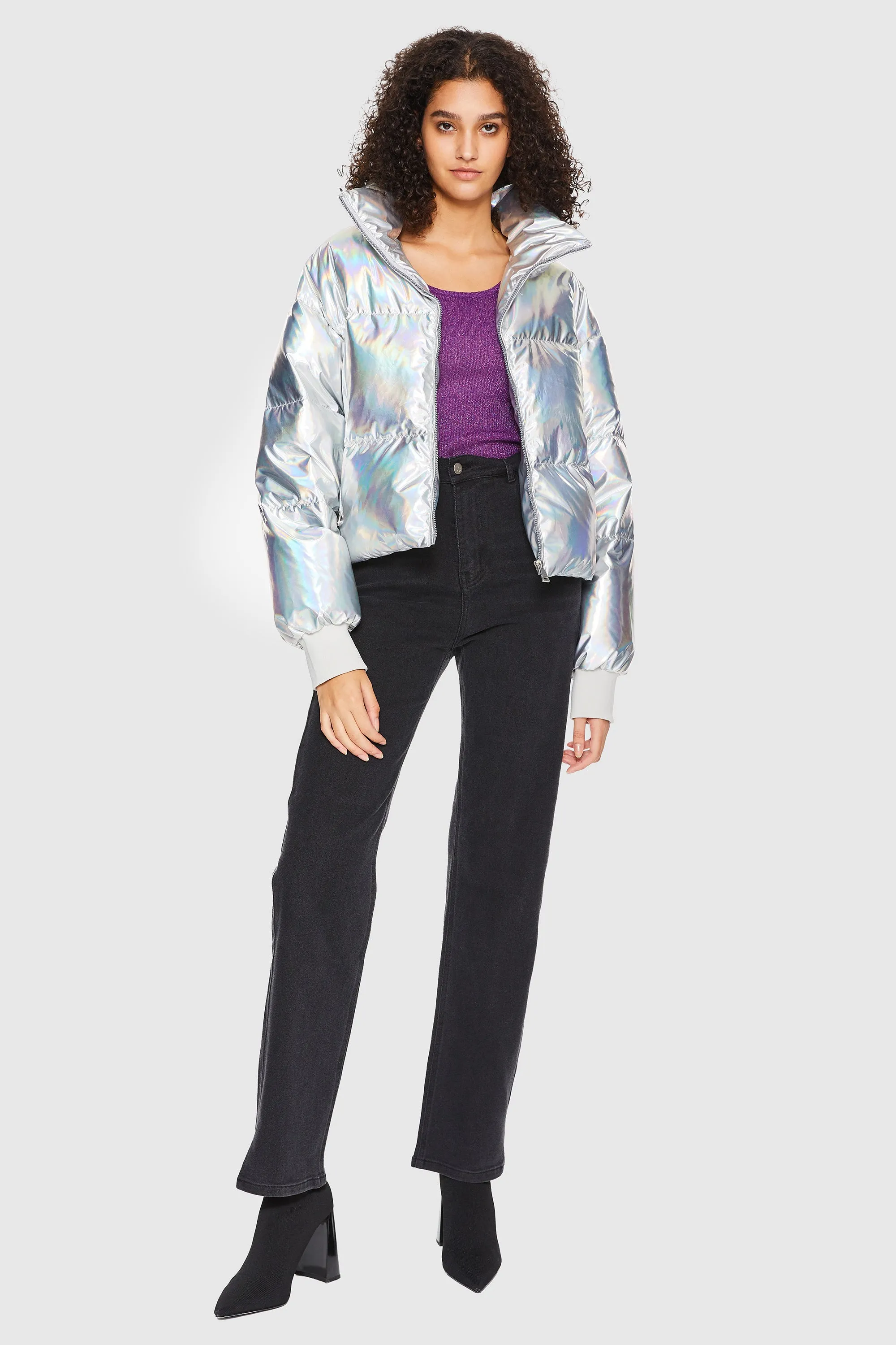 Puff-O Cosmos Metallic Shiny Cropped Winter Puffer Jacket