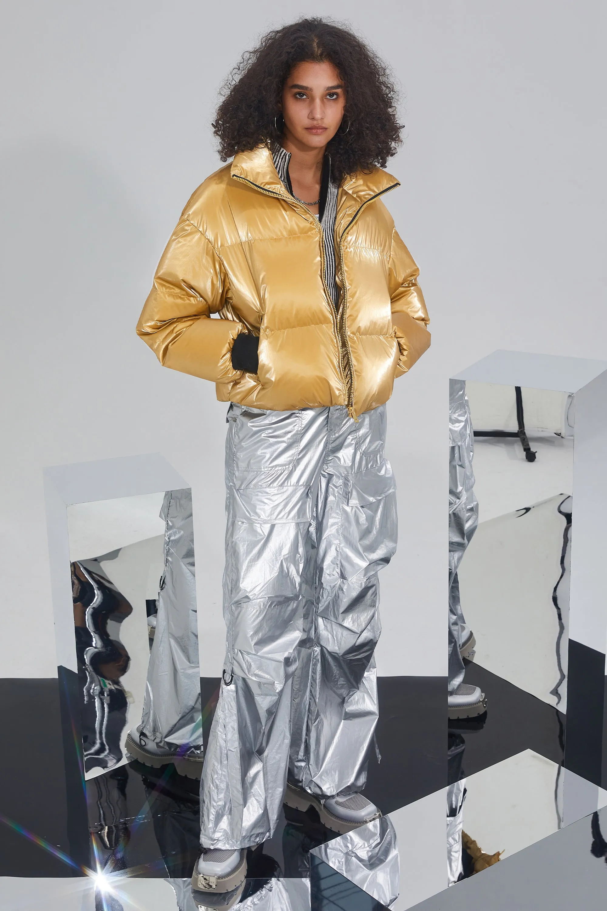 Puff-O Cosmos Metallic Shiny Cropped Winter Puffer Jacket