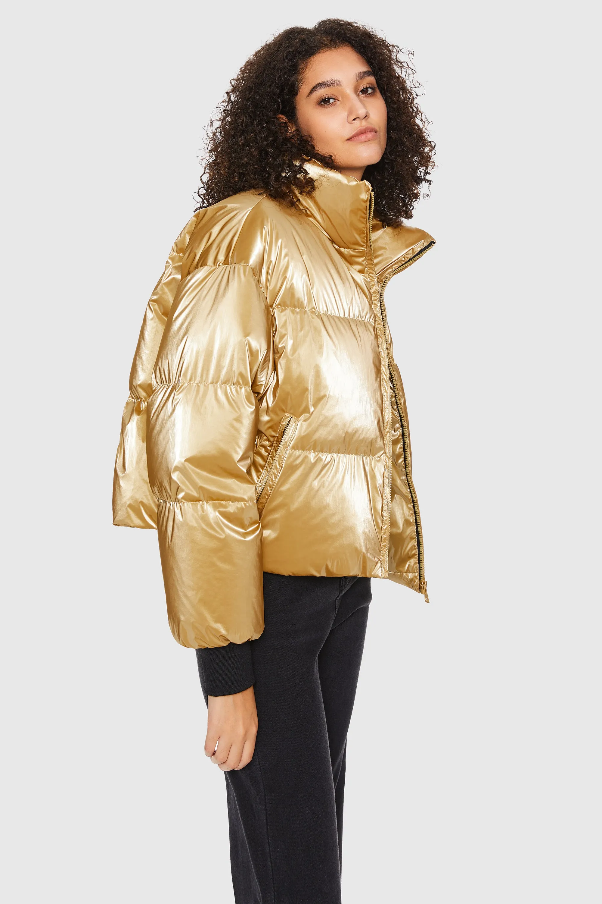 Puff-O Cosmos Metallic Shiny Cropped Winter Puffer Jacket