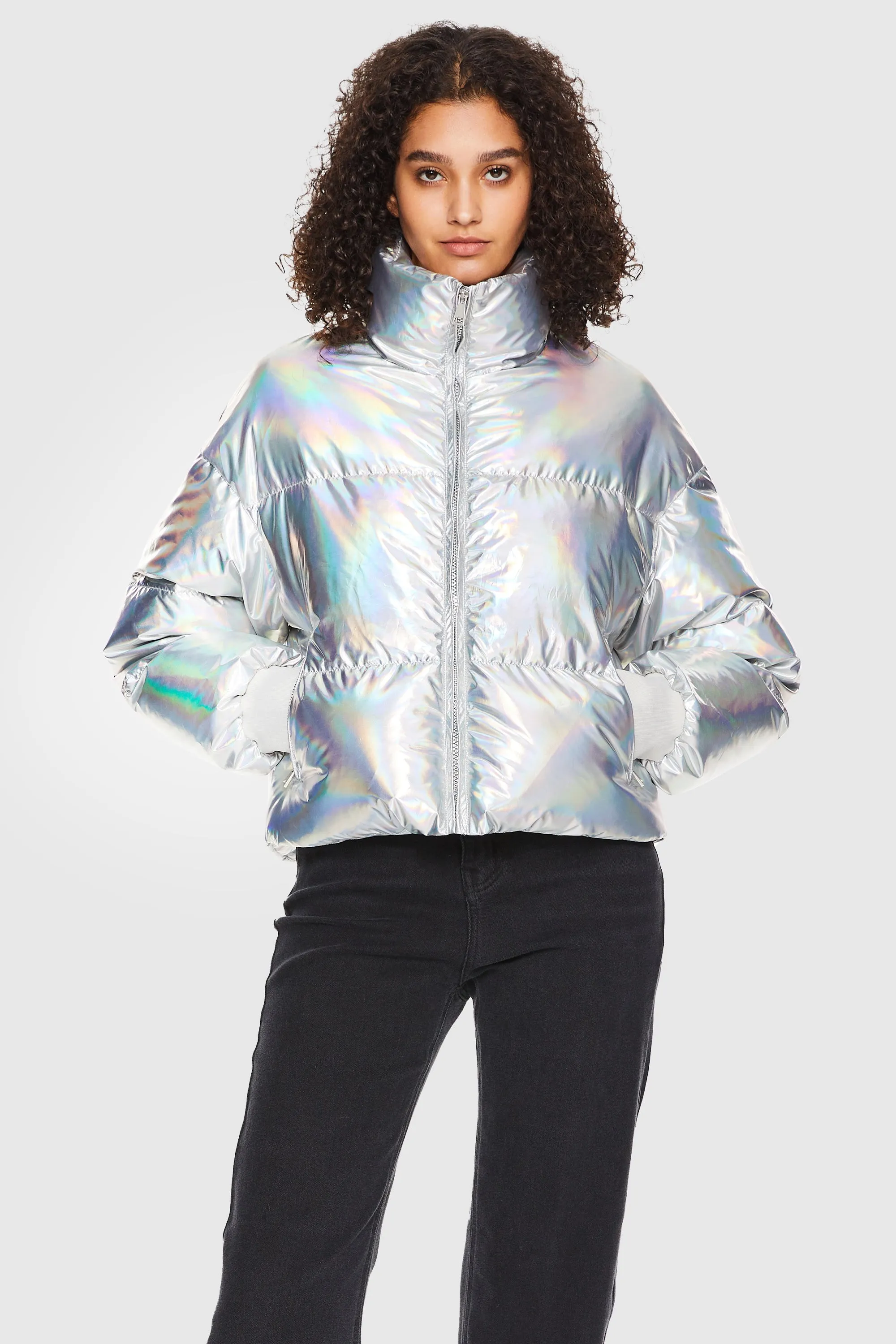 Puff-O Cosmos Metallic Shiny Cropped Winter Puffer Jacket