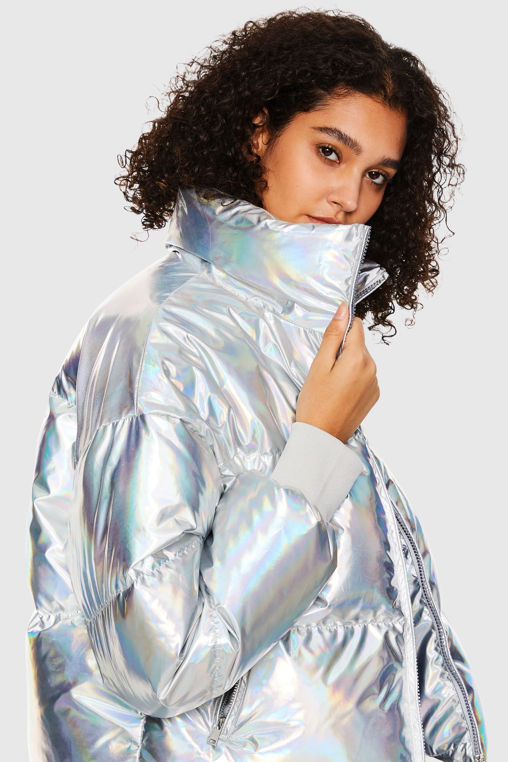 Puff-O Cosmos Metallic Shiny Cropped Winter Puffer Jacket