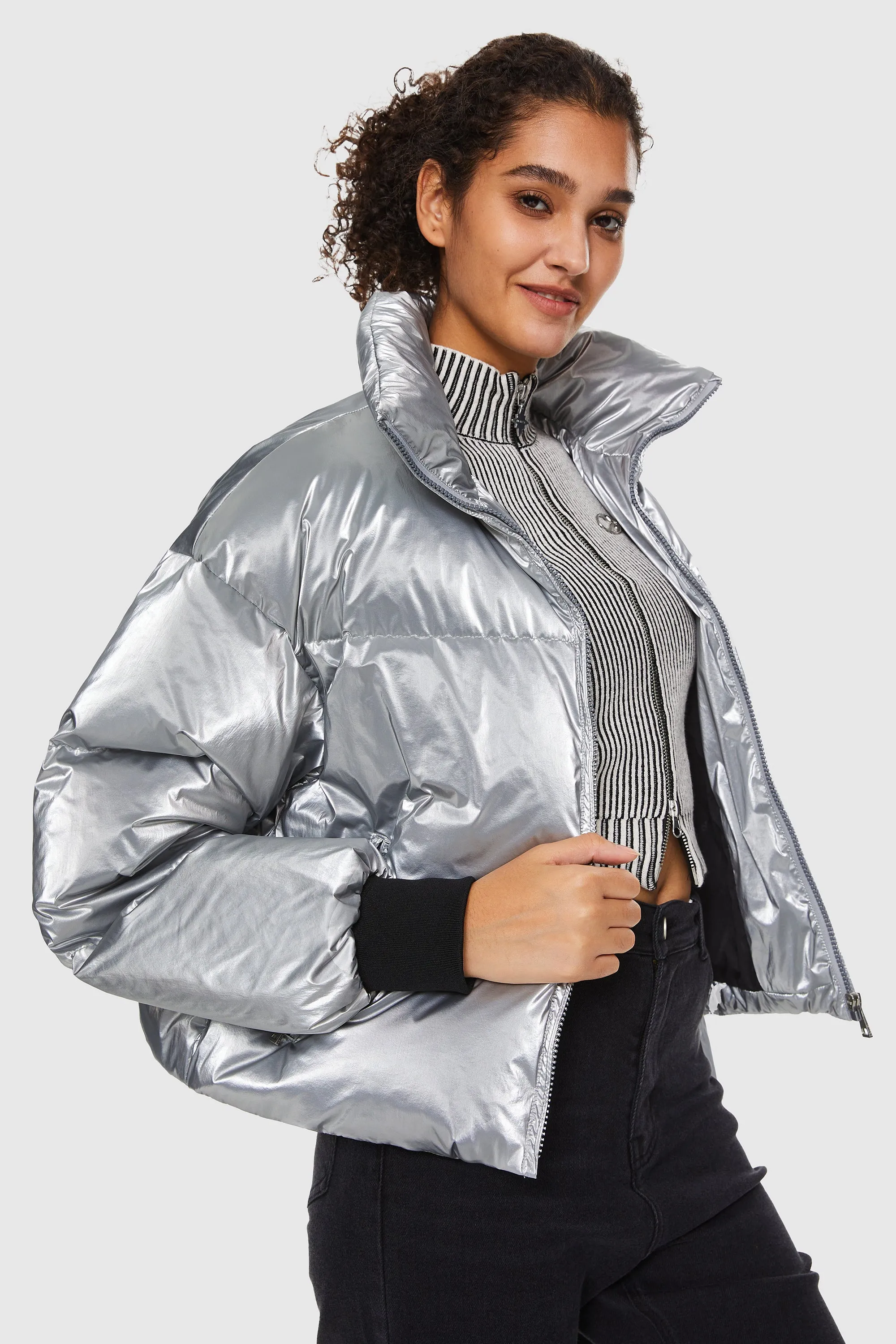 Puff-O Cosmos Metallic Shiny Cropped Winter Puffer Jacket