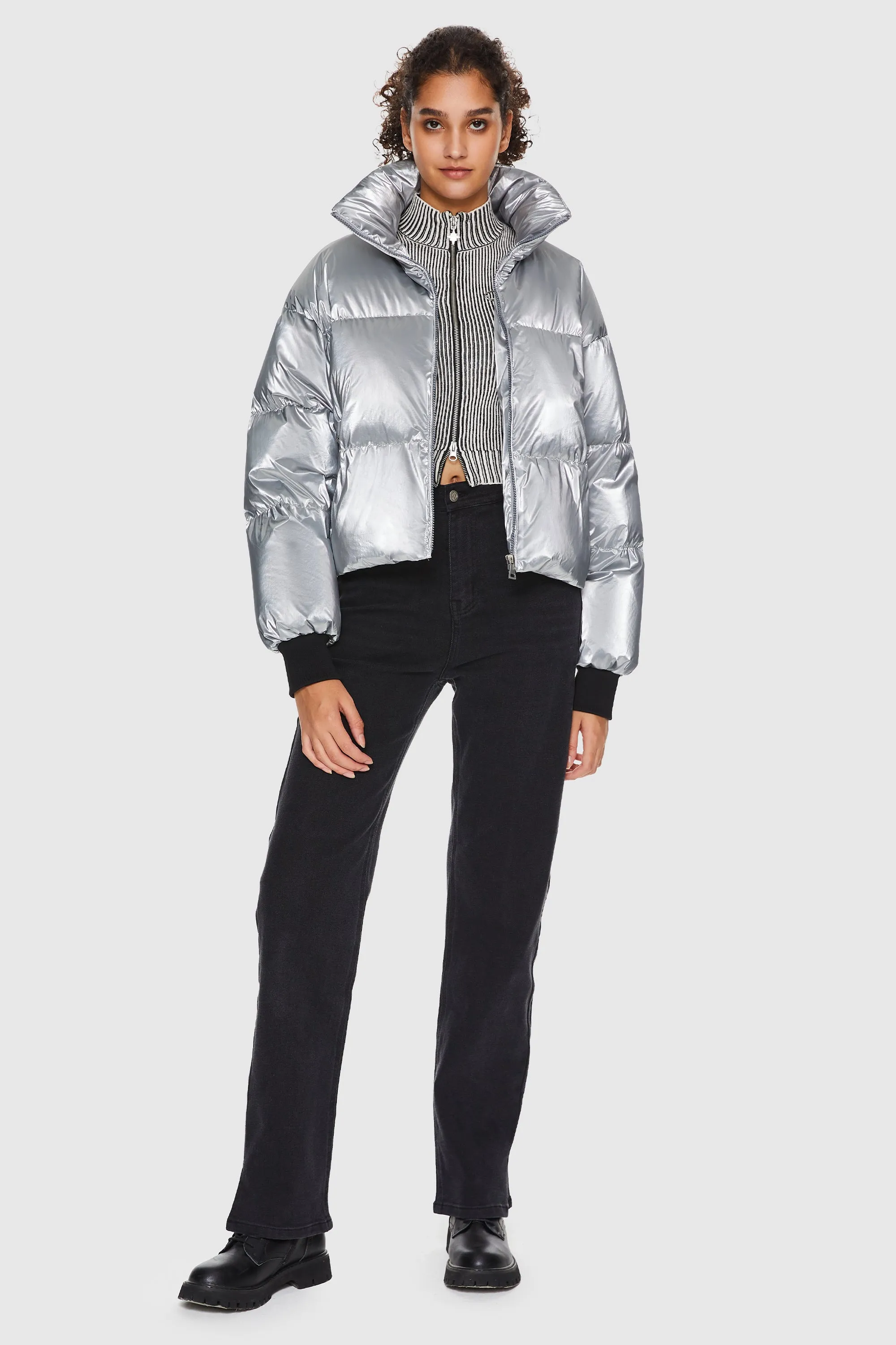 Puff-O Cosmos Metallic Shiny Cropped Winter Puffer Jacket