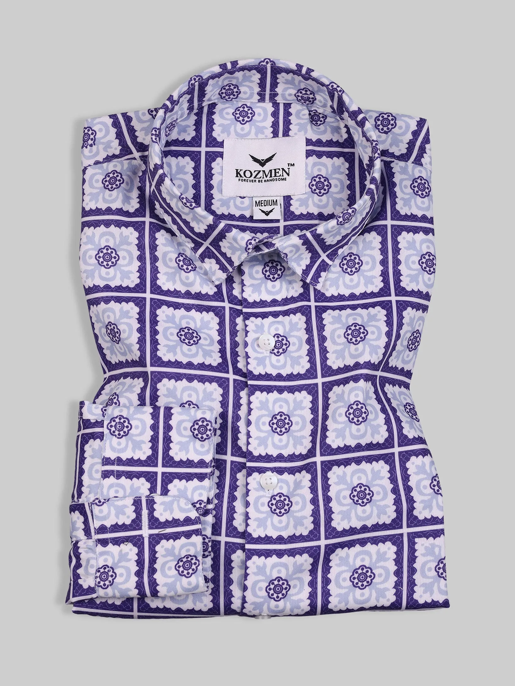 Purple & White Floral Print Partywear Shirt