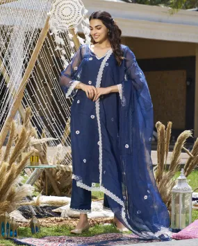 Raffia Blue Embroidered Organza Kurta Set