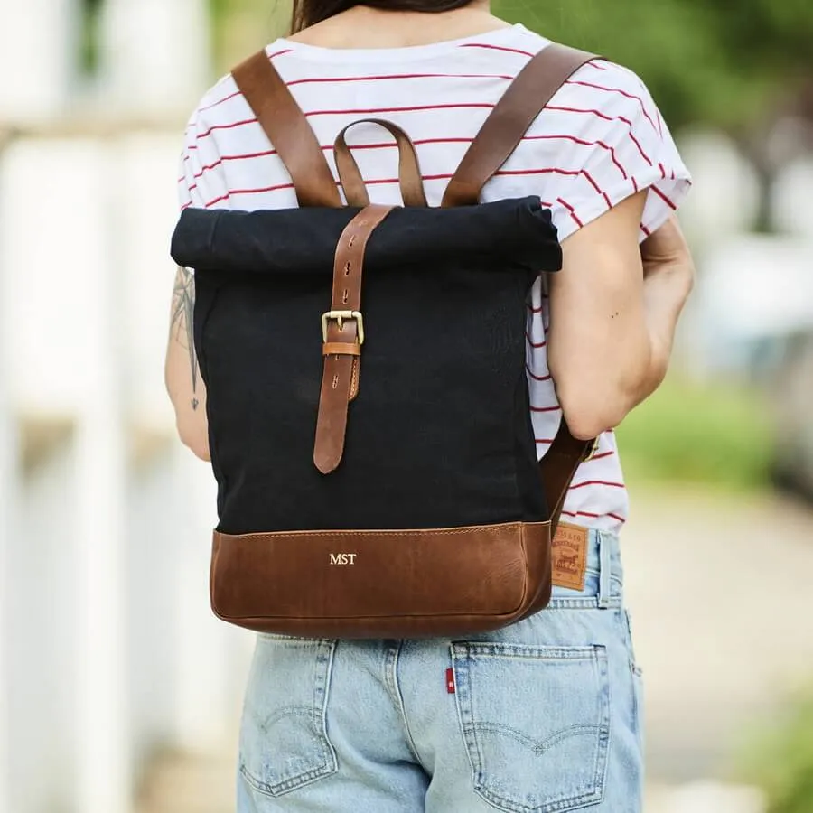 Roll-top Camo Canvas and Leather Backpack