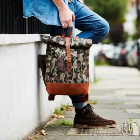 Roll-top Camo Canvas and Leather Backpack