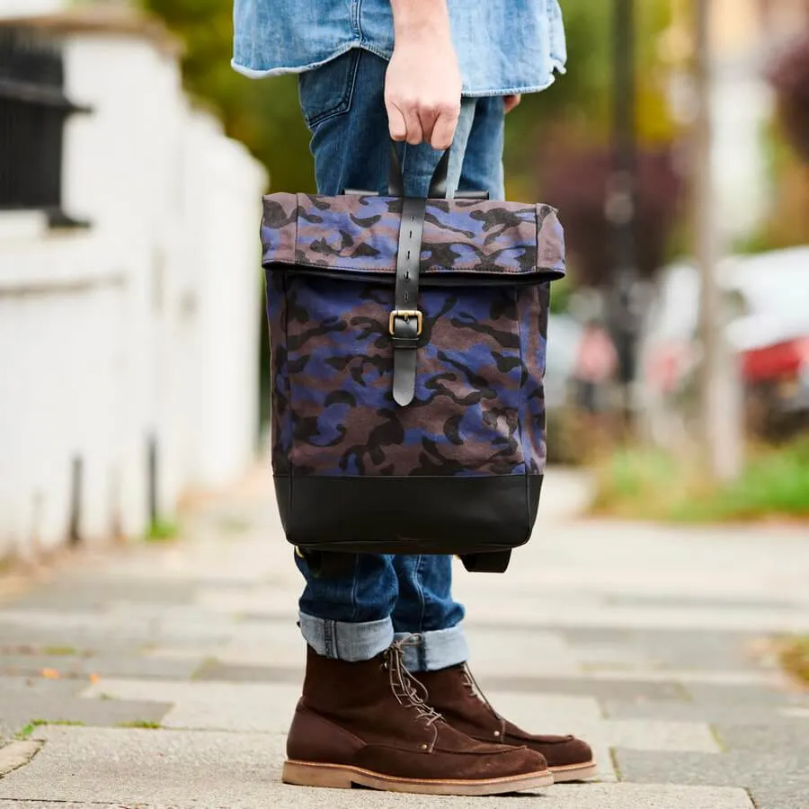 Roll-top Camo Canvas and Leather Backpack