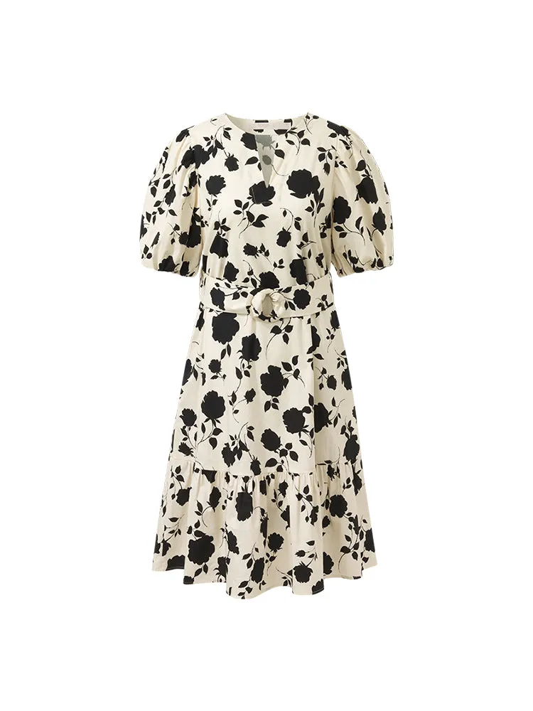 Rose Printed Puff Sleeves Women Mini Dress With Belt